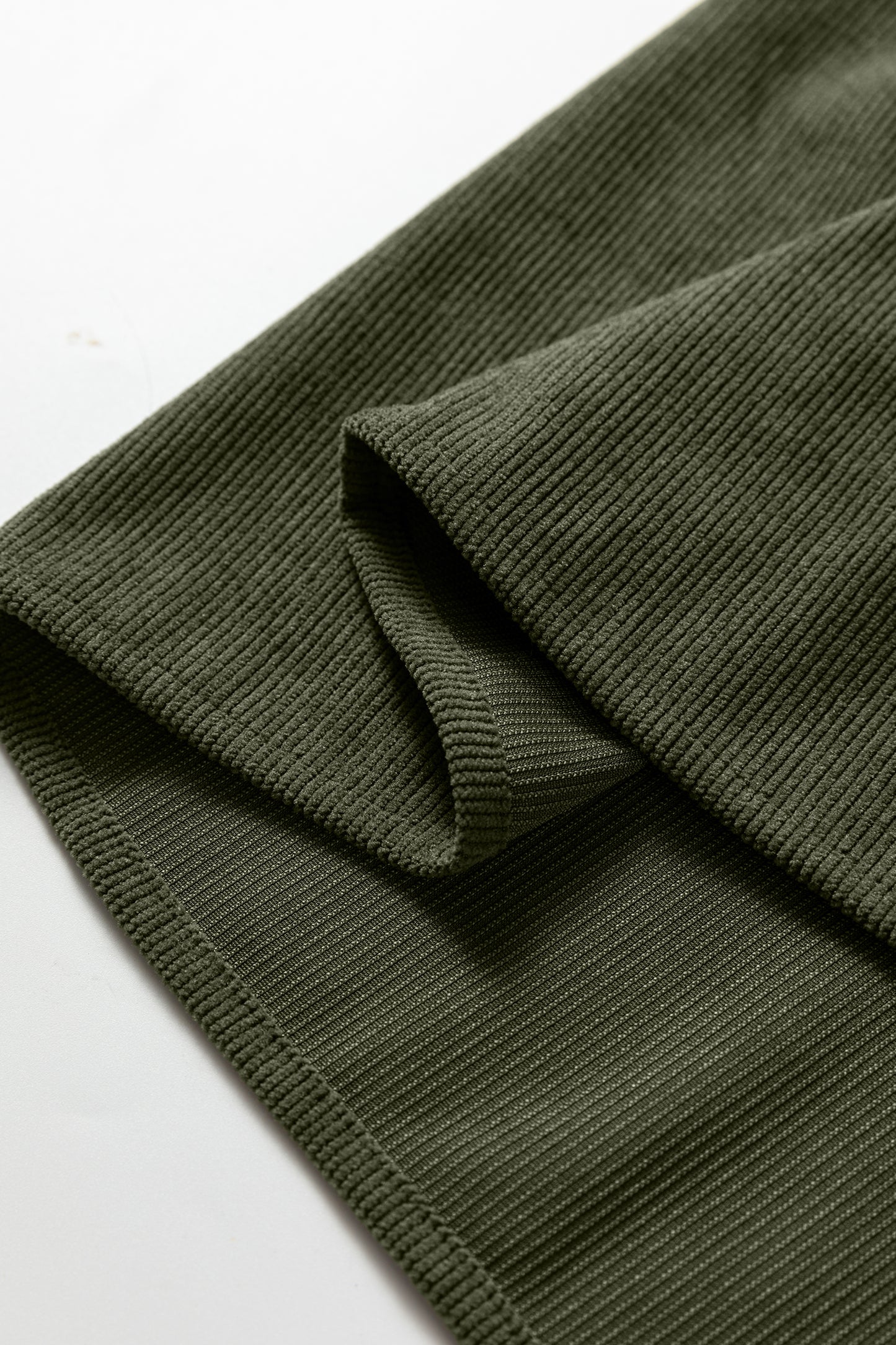 Moss Green Bracelet Sleeve Split Neck Scallop Detail Pleated Corduroy Mini Dress