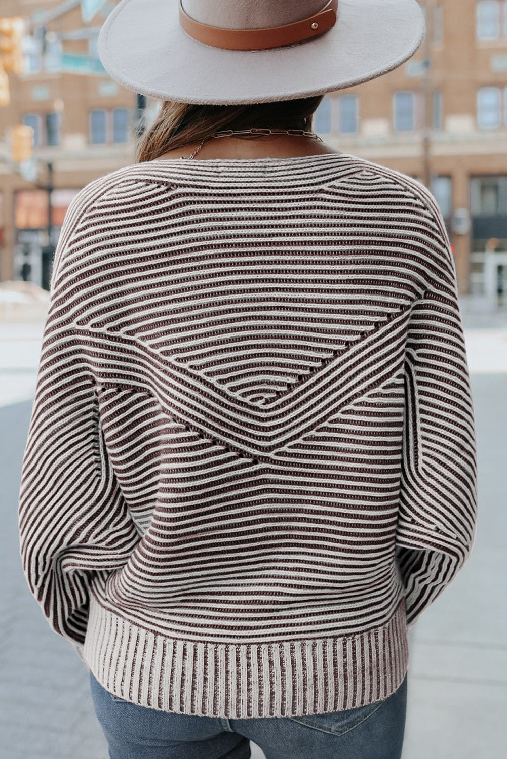 Black Striped Print Ribbed Knit Boat Neck Baggy Sweater