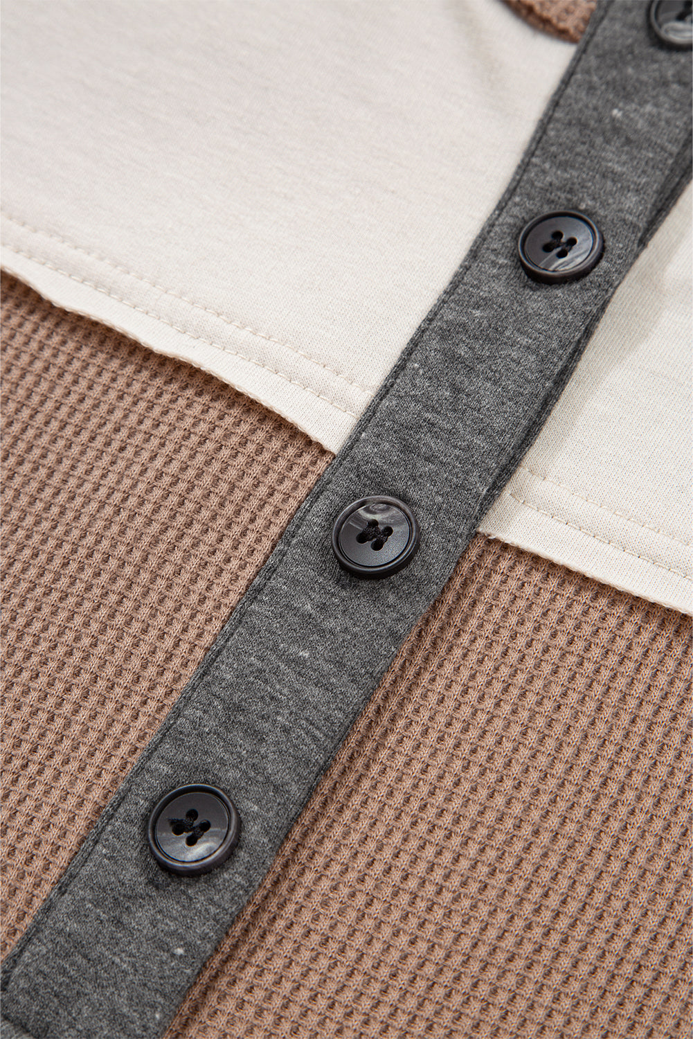 Jet Stream Color Block Waffled Patchwork Loose Henley Top