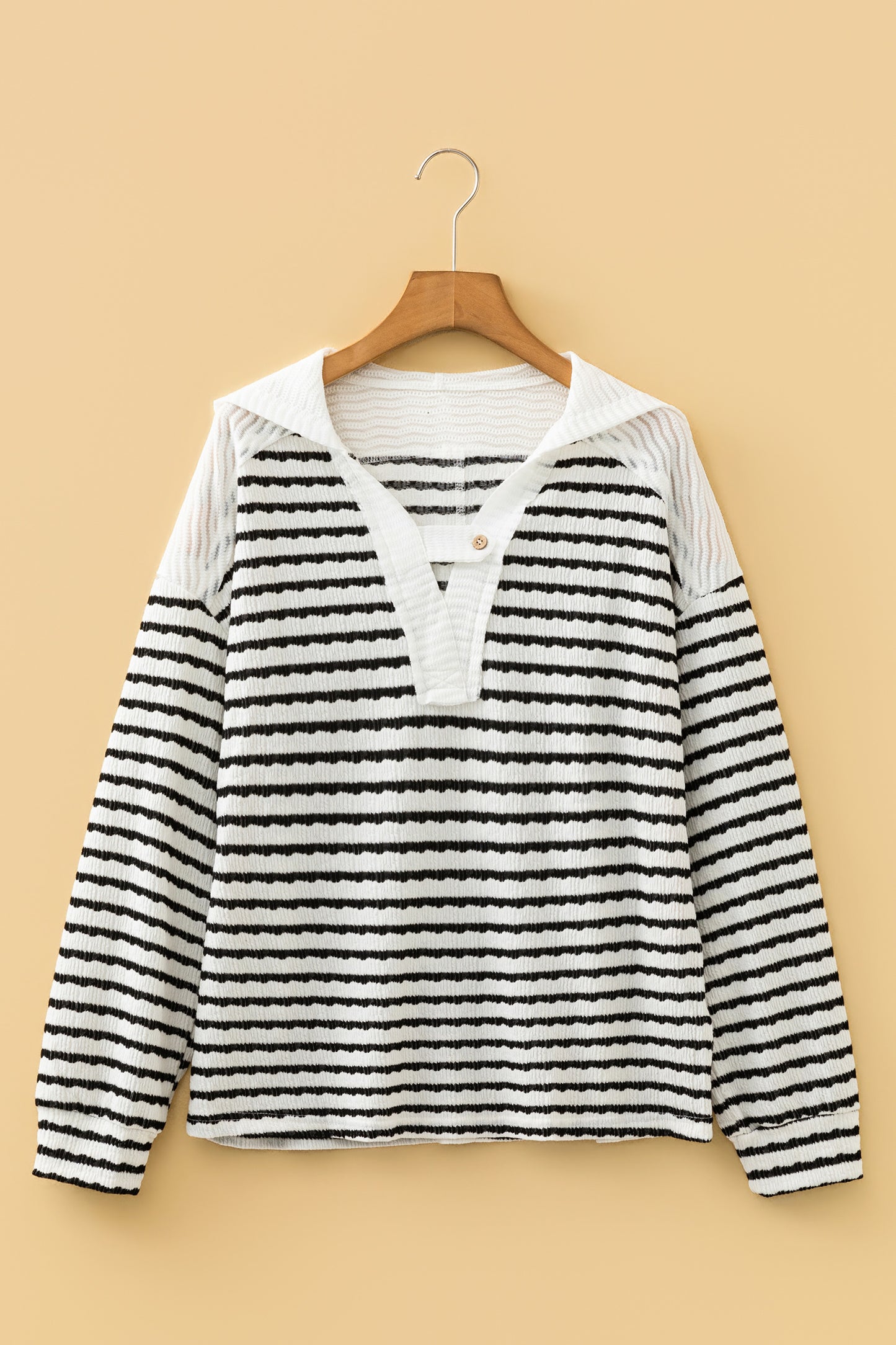 Khaki Stripe Textured Hooded V Neck Casual Long Sleeve Top