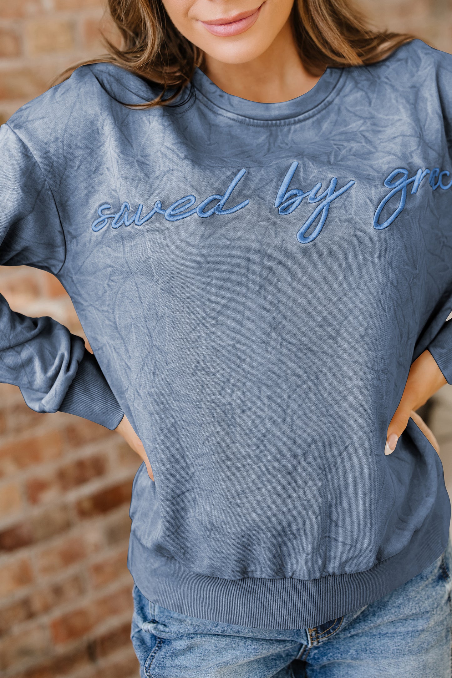 Real Teal saved by grace Letter Embroidery Mineral Wash Loose Sweatshirt