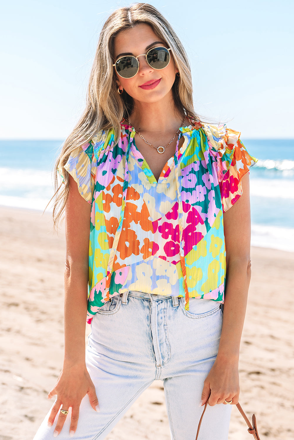 Rose Leopard Flutter Sleeve V Neck Crinkled Blouse