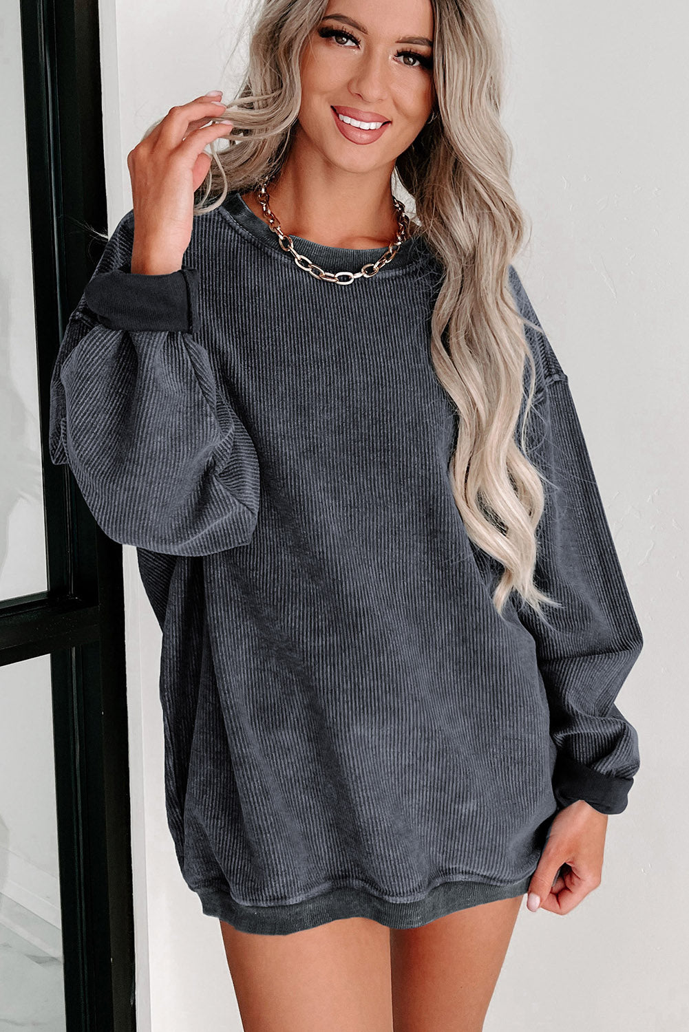 Green Solid Ribbed Knit Round Neck Pullover Sweatshirt