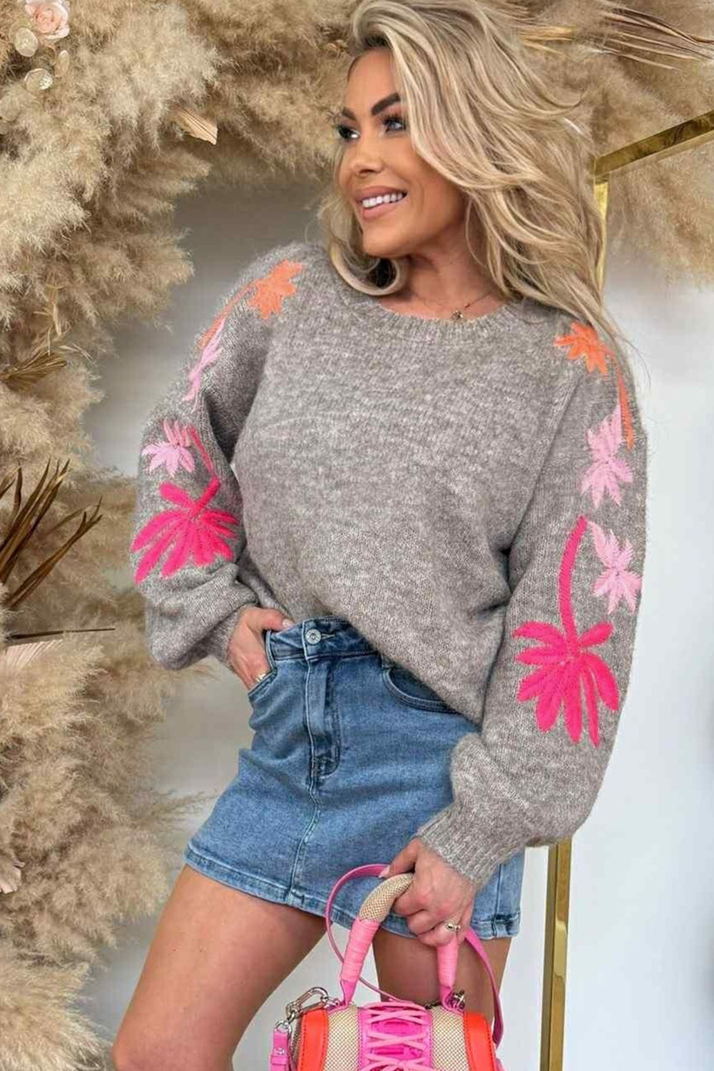 Beige Embroidered Floral Sleeve Round Neck Loose Sweater