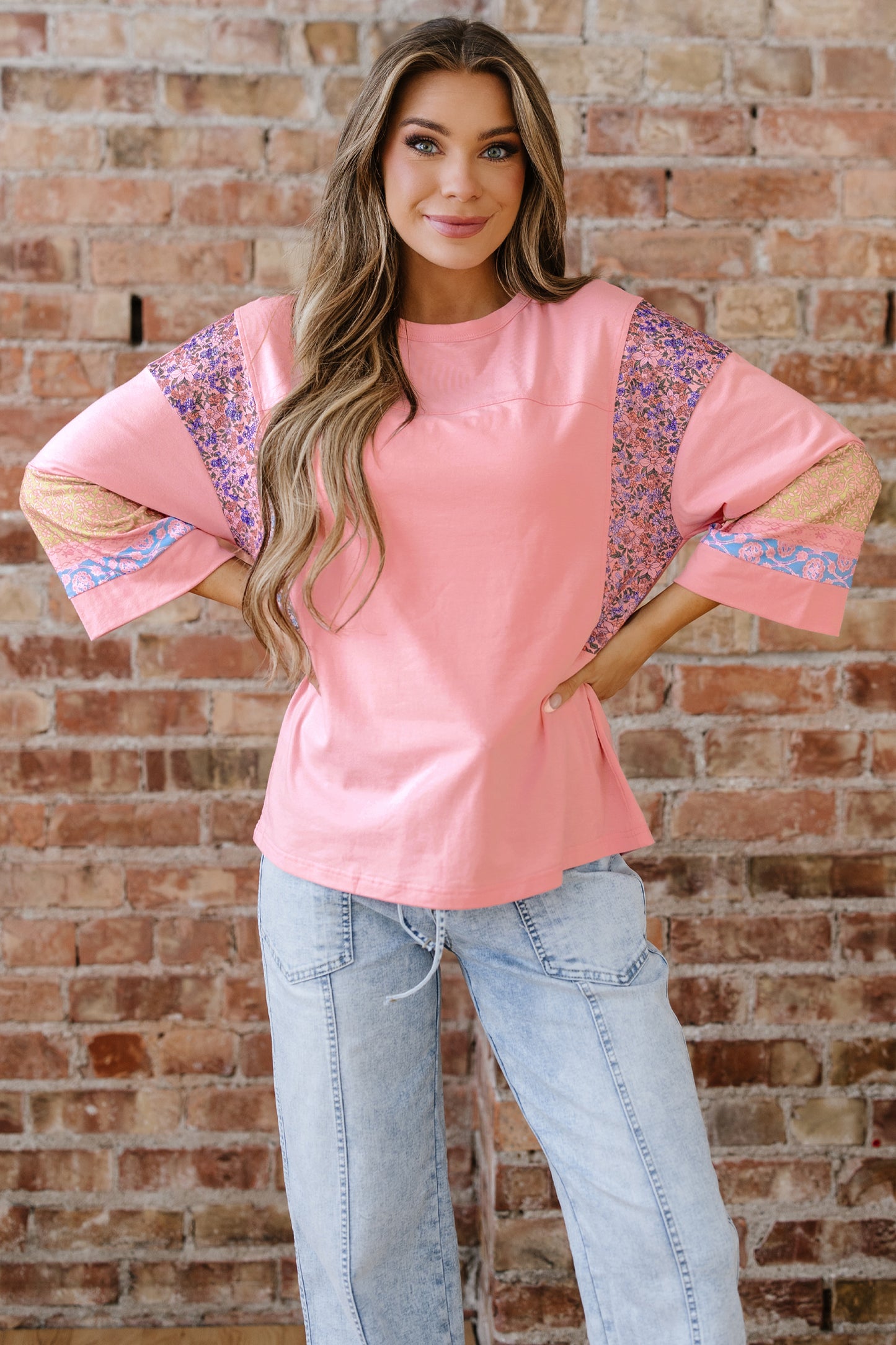 Gossamer Pink Floral Color Block Patchwork Long Sleeve Top