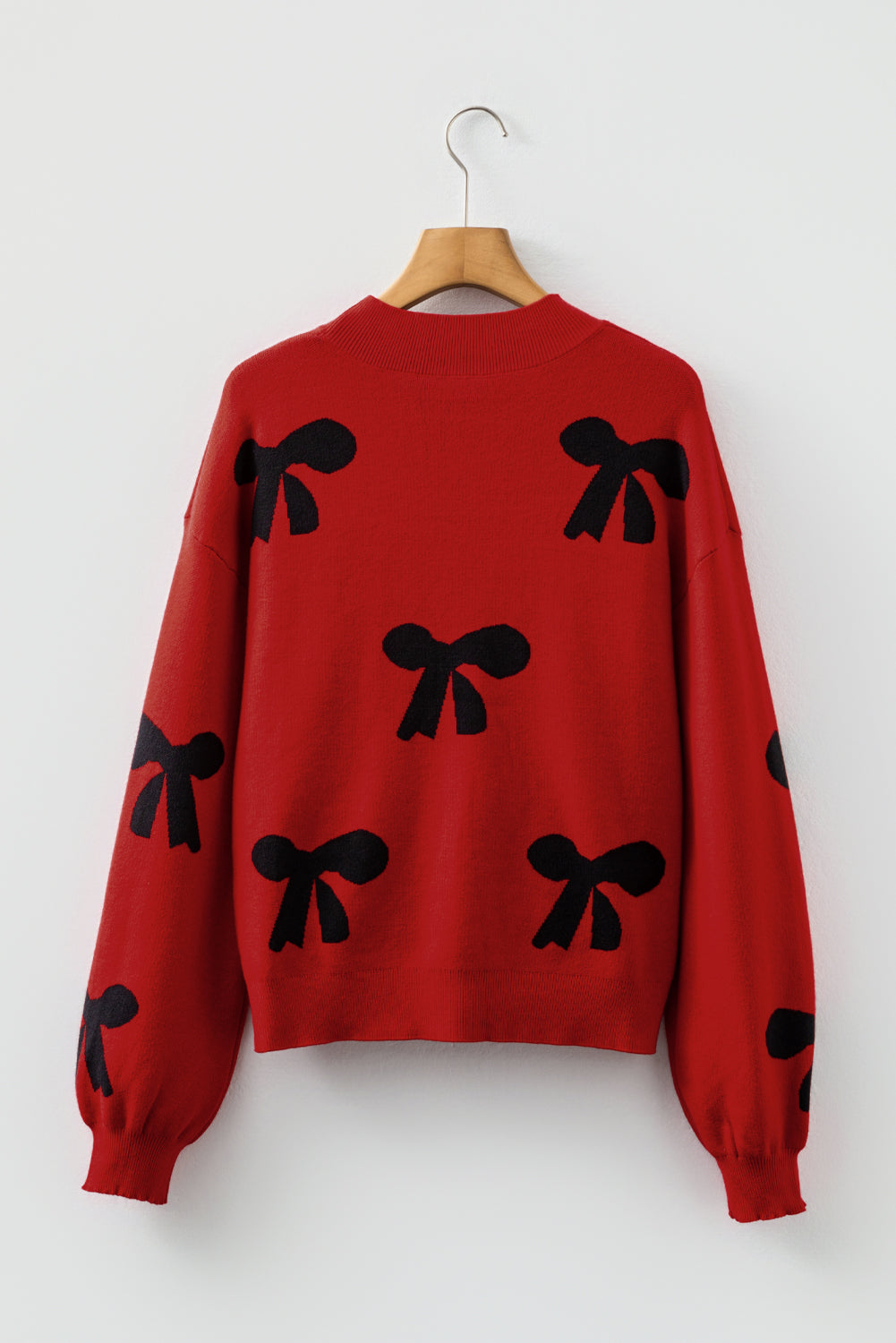 Racing Red Pearl Embellished Bow Pattern Loose Sweater