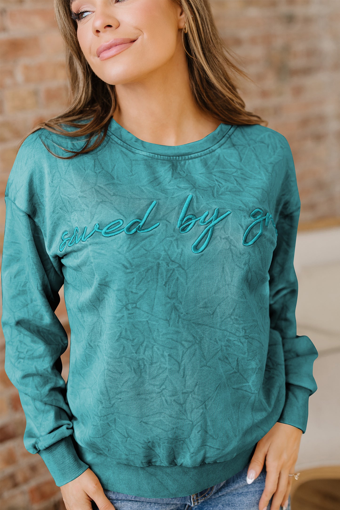 DUNE saved by grace Letter Embroidery Mineral Wash Loose Sweatshirt