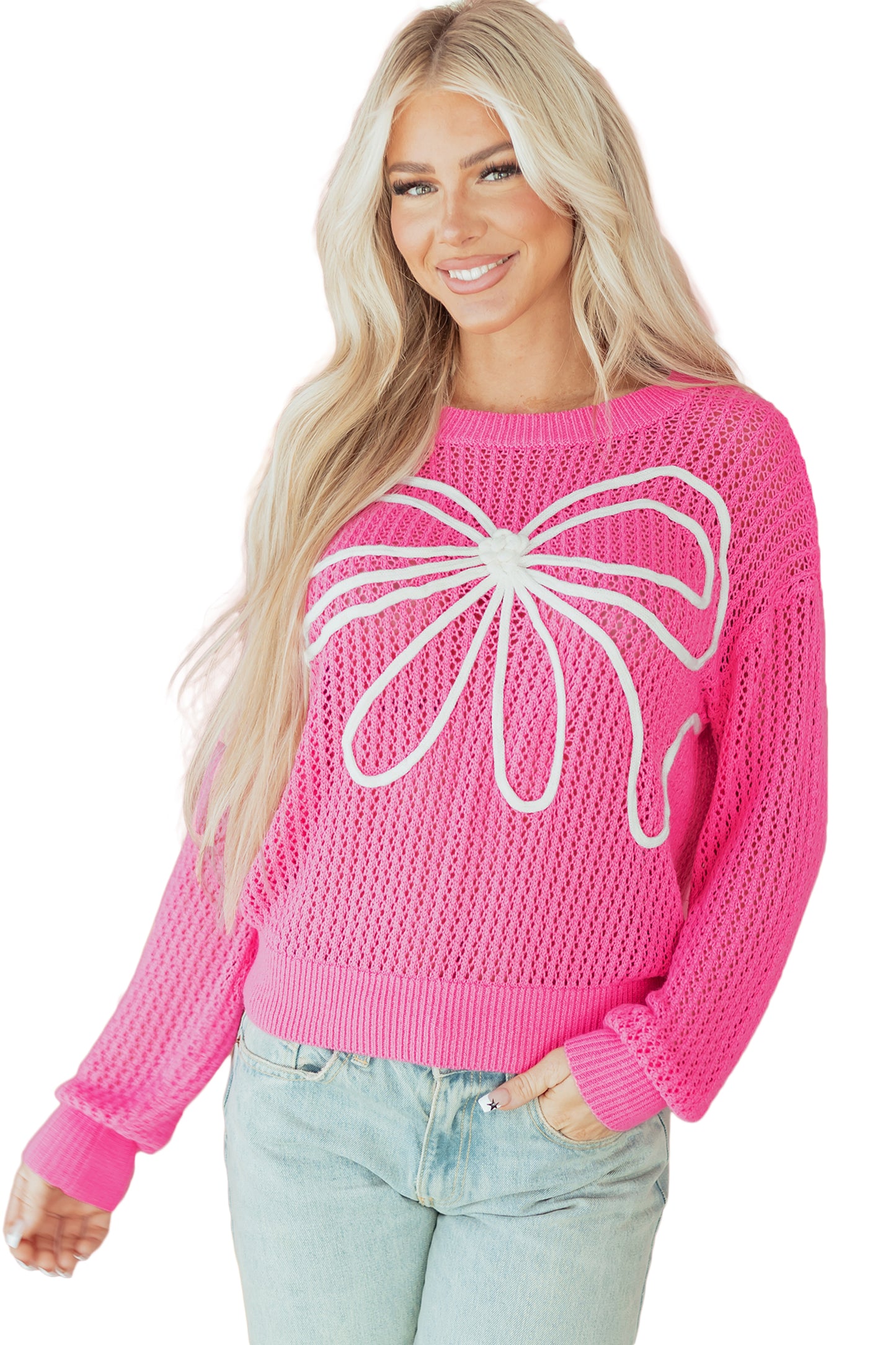 Sachet Pink Sweet Bow Decor Hollow Out Knitted Drop Shoulder Sweater