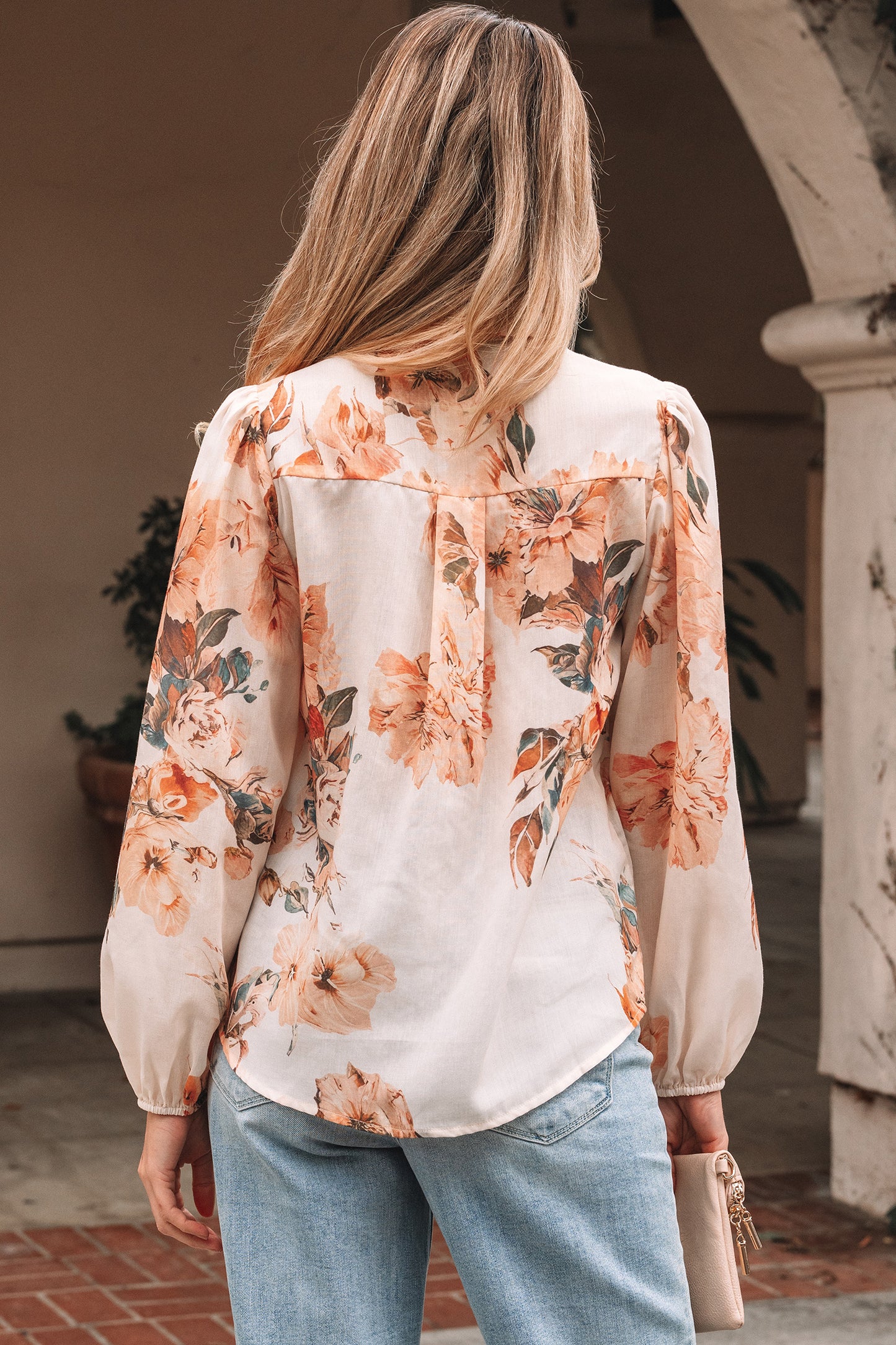 Brown Floral Puff Sleeve Lightweight Shirt