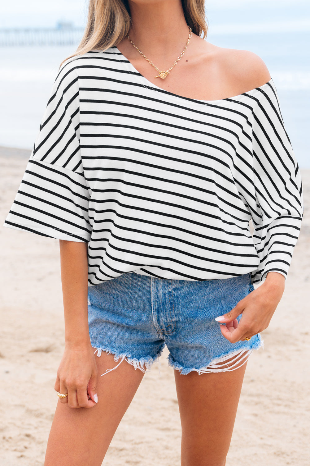 Black Stripe Half Sleeve Scoop Neck Loose Top