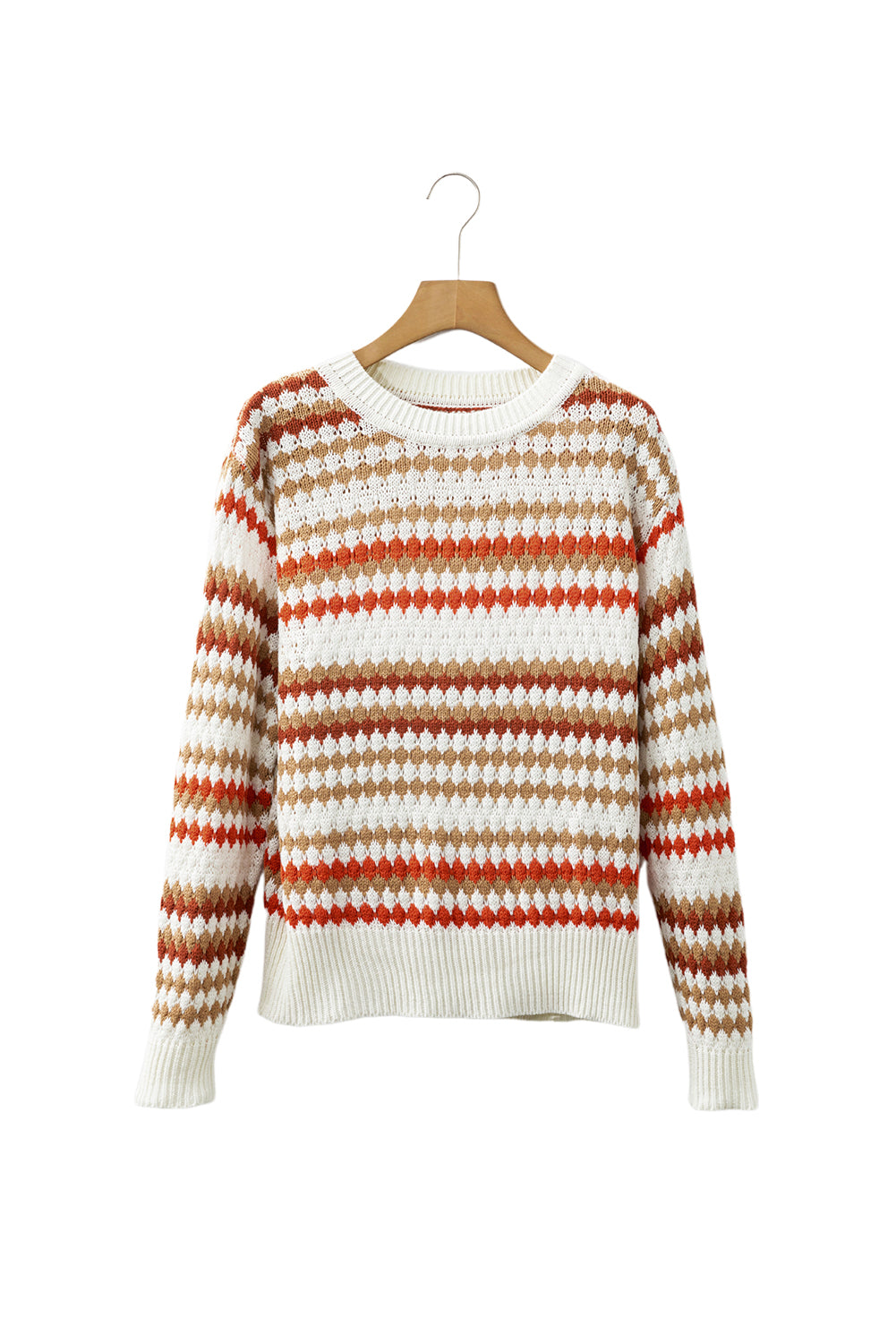 Brown Stripe Eyelet Patterned Drop Shoulder Sweater