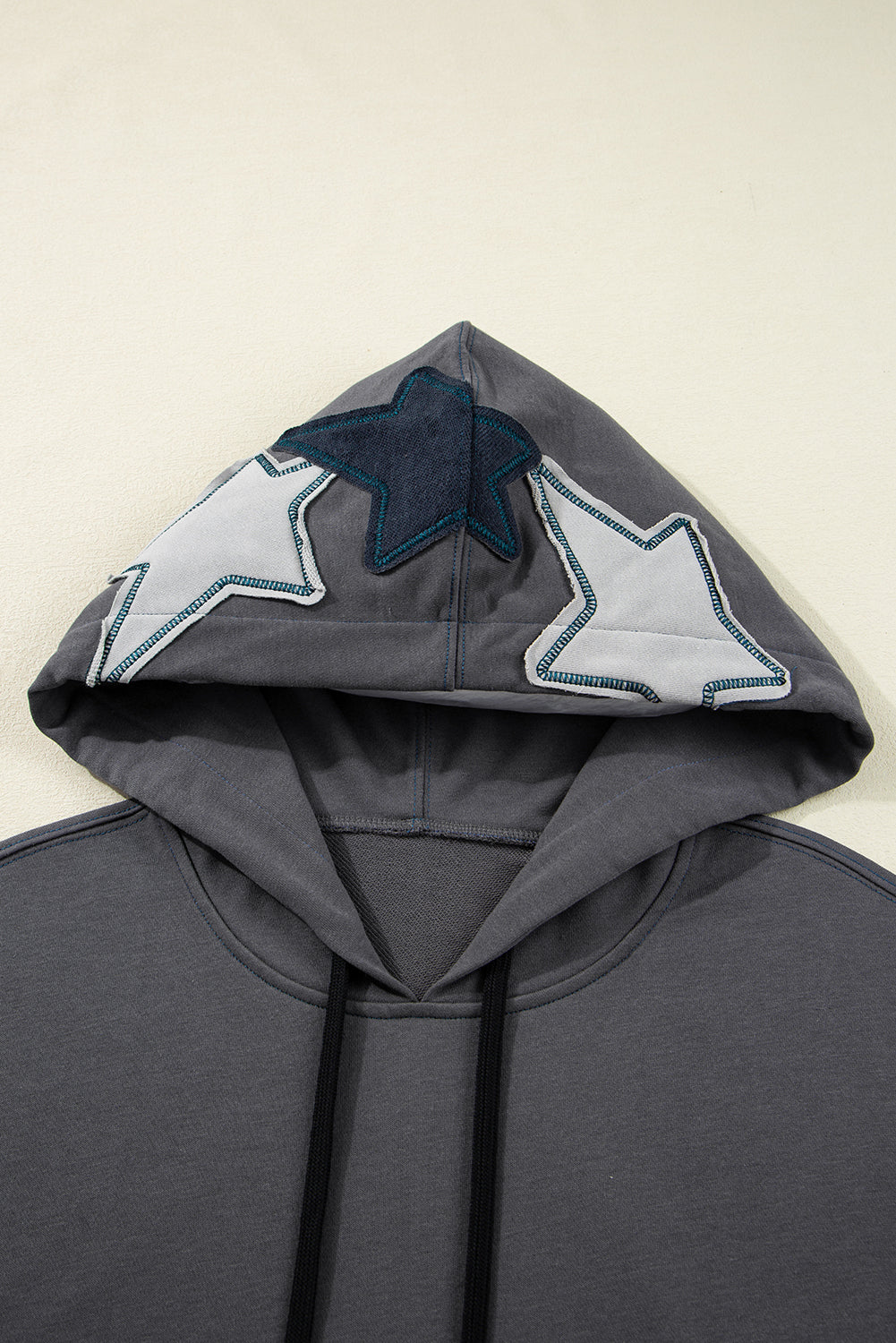 Carbon Grey Star Patchwork Contrast Stitching Mineral Wash Kangaroo Pocket Vintage Hoodie