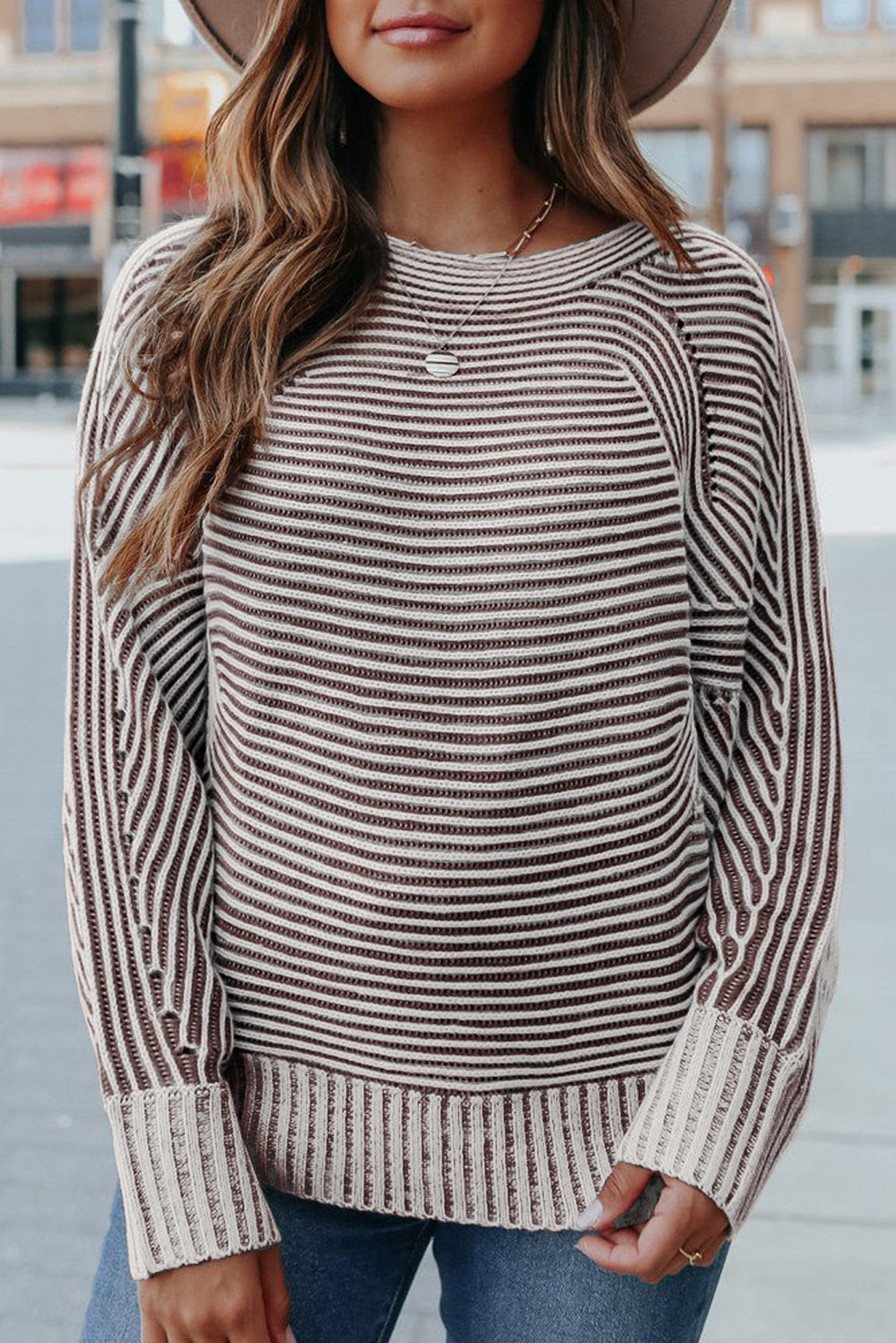 Black Striped Print Ribbed Knit Boat Neck Baggy Sweater