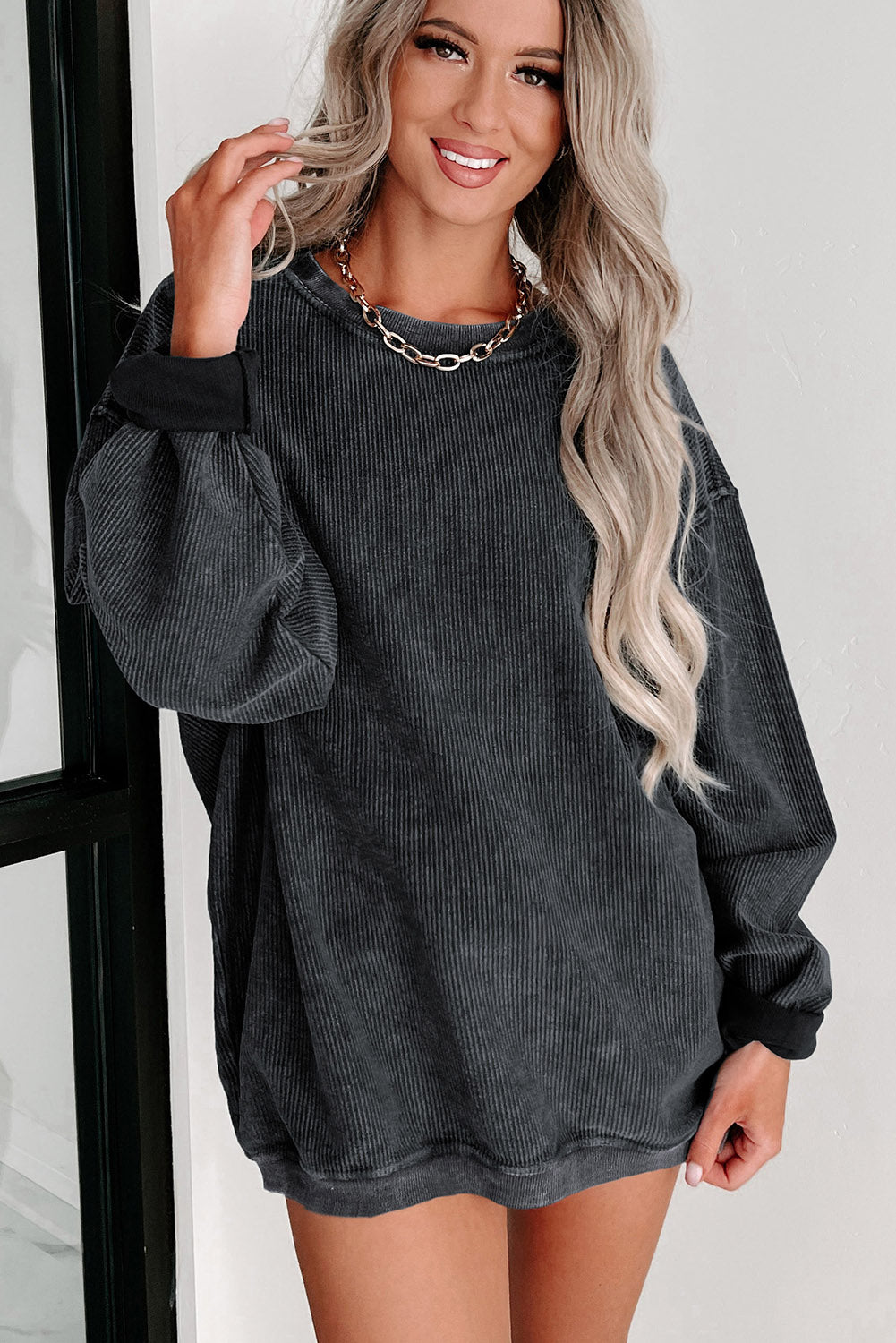 Green Solid Ribbed Knit Round Neck Pullover Sweatshirt