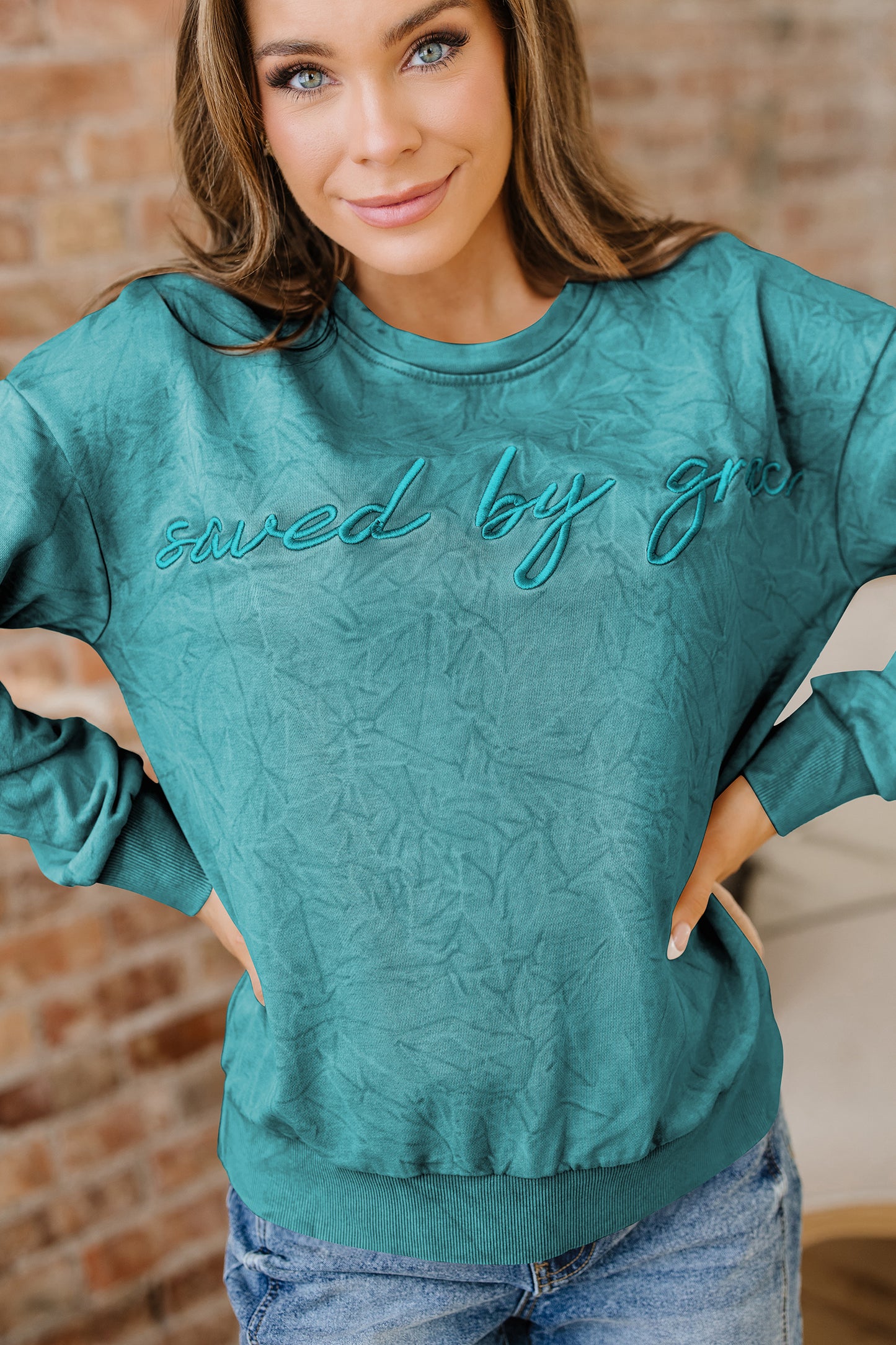 DUNE saved by grace Letter Embroidery Mineral Wash Loose Sweatshirt