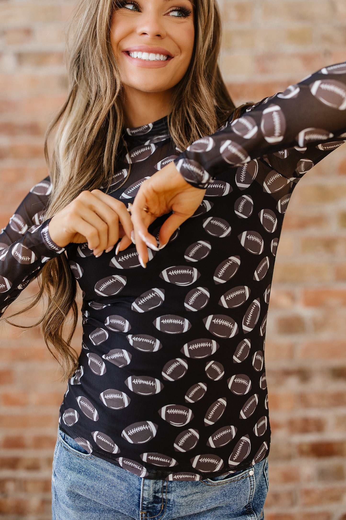 Black Game Day Rugby Mesh Sheer Long Sleeve Top