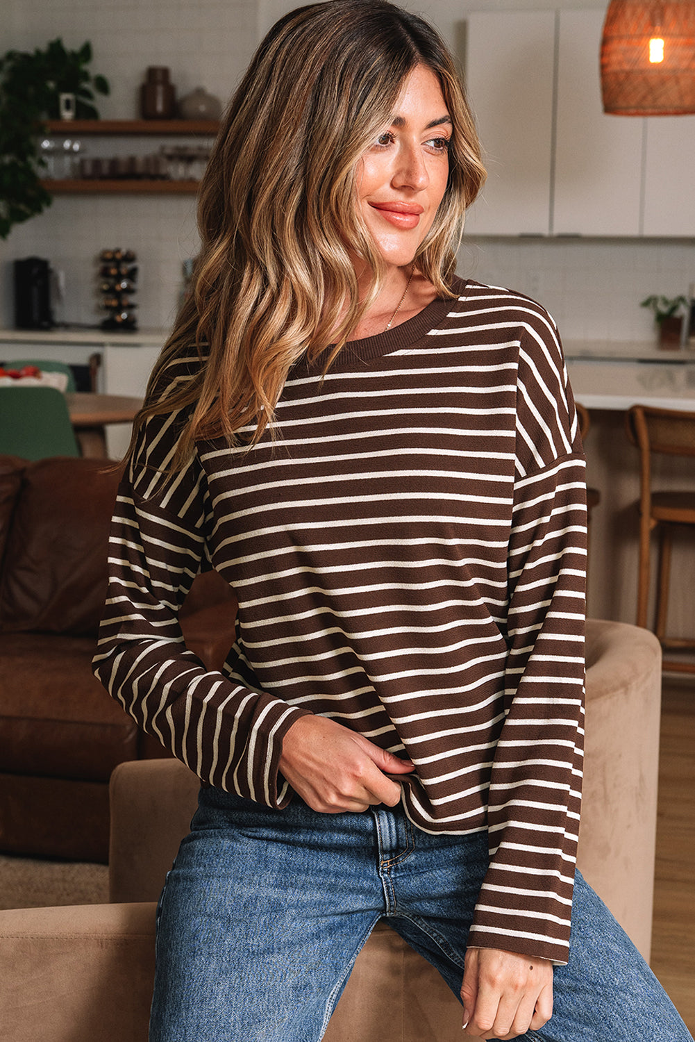 Brown Stripe Ribbed Cropped Crew Neck Long Sleeve T Shirt