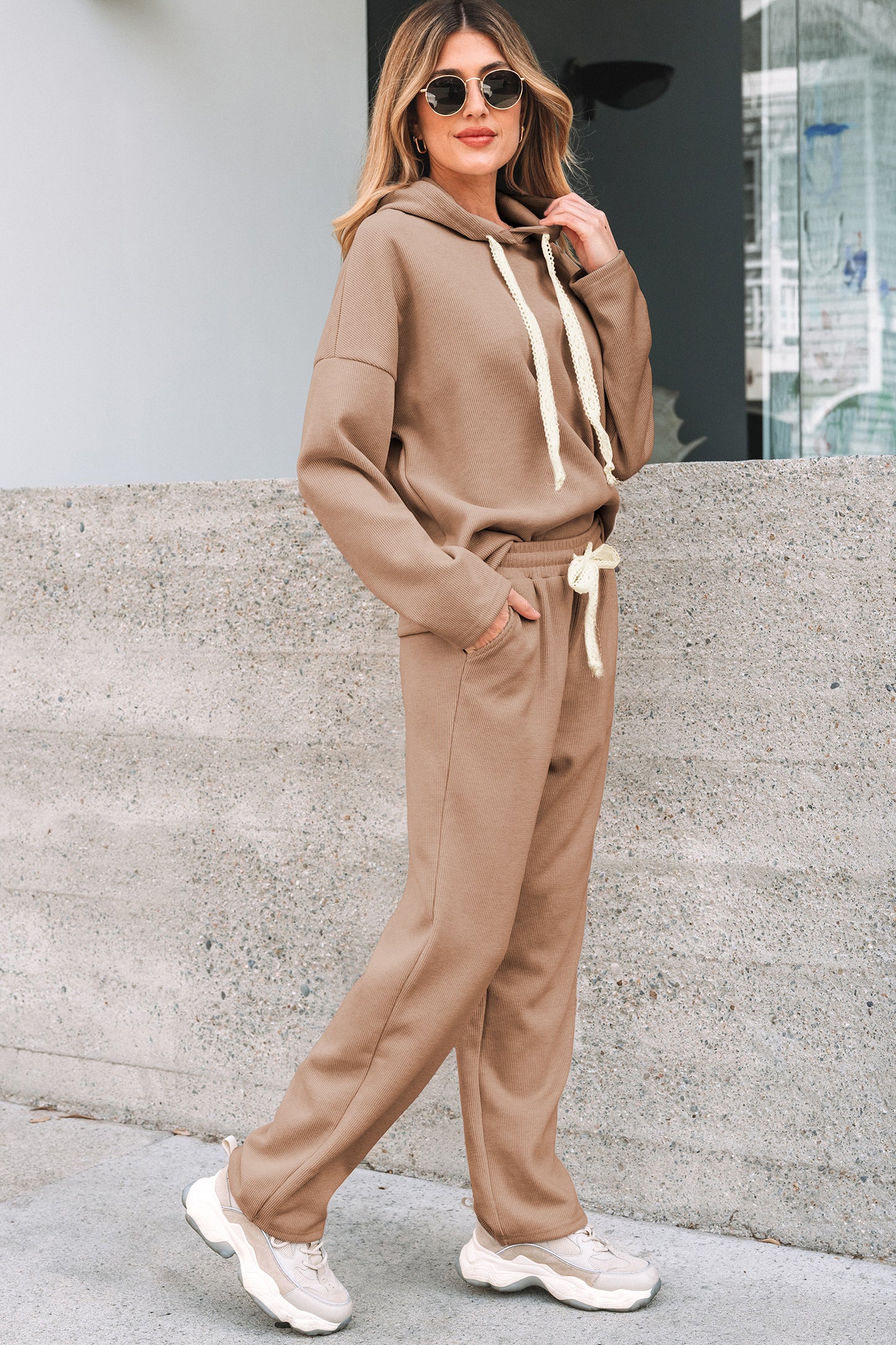 Jet Stream Lace Drawstring Pullover Hoodie and High Waist Pants Corduroy Suit