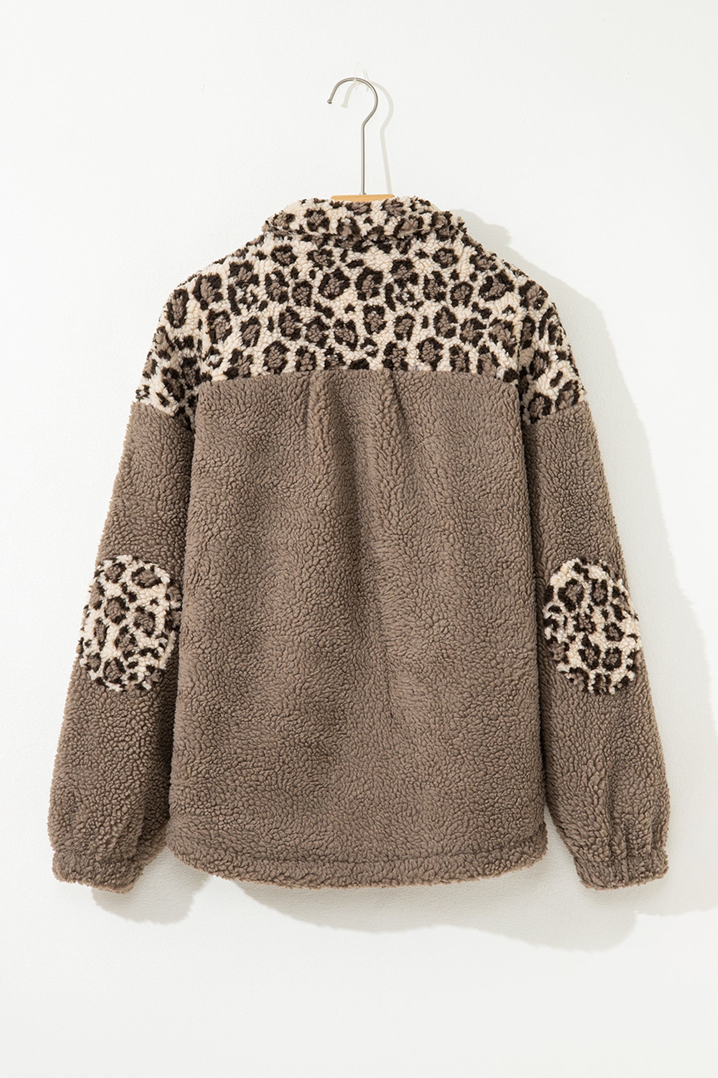 Brown Sherpa Leopard Print Flap Pocket Collared Button Up Jacket