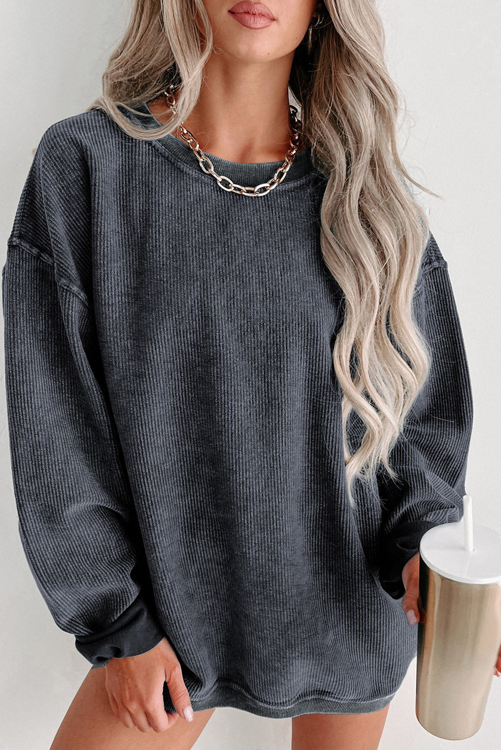 Green Solid Ribbed Knit Round Neck Pullover Sweatshirt