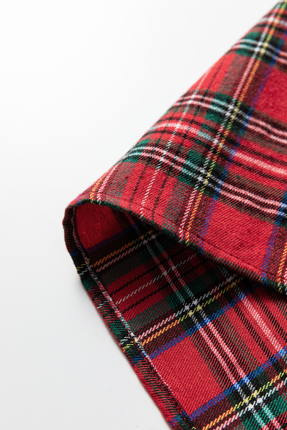 Red Festive Plaid Pearl Embellished Ruffle Short Sleeve Blouse