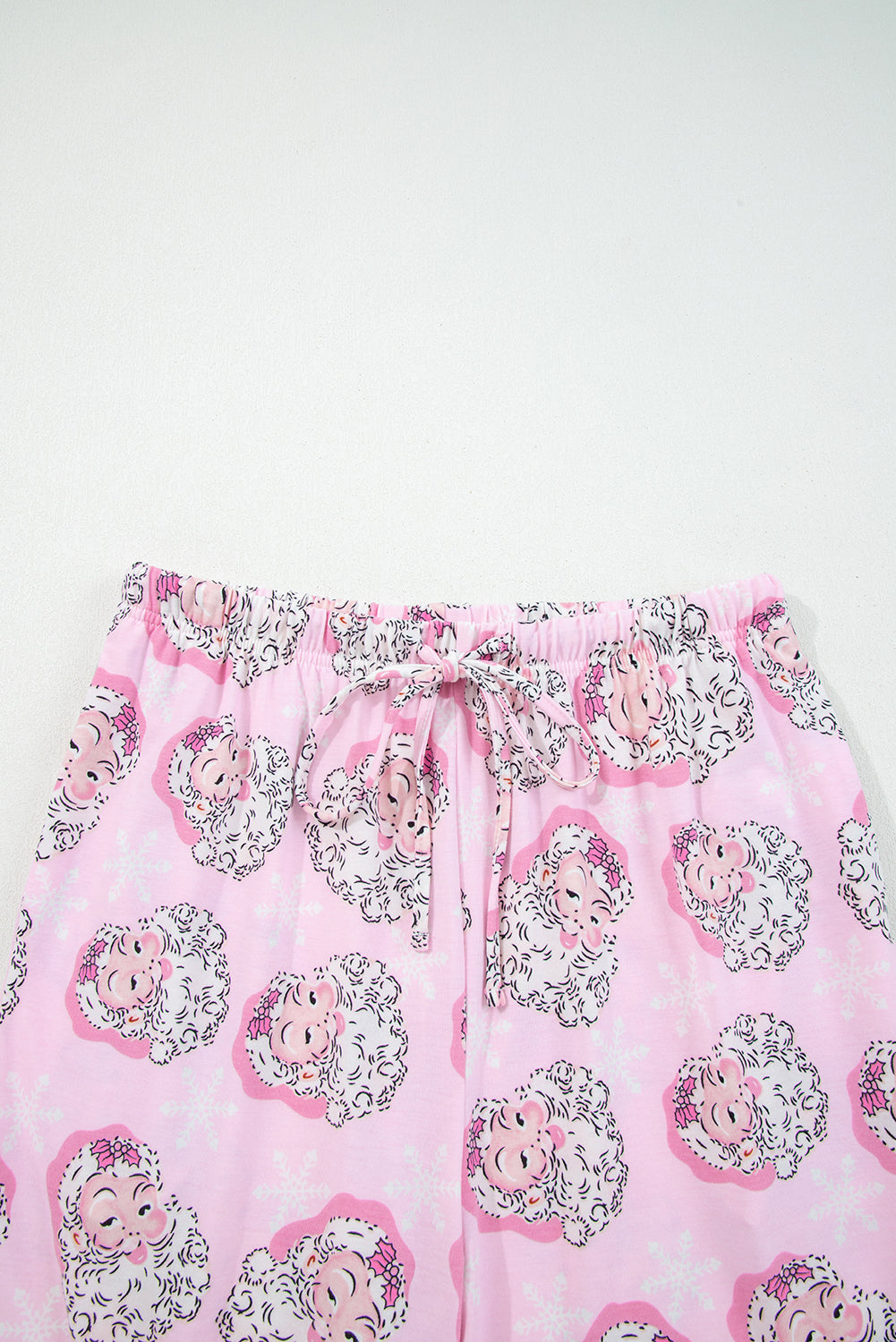Pink Santa Claus Print V Neck Tee Drawstring Pants 2pcs Lounge Set