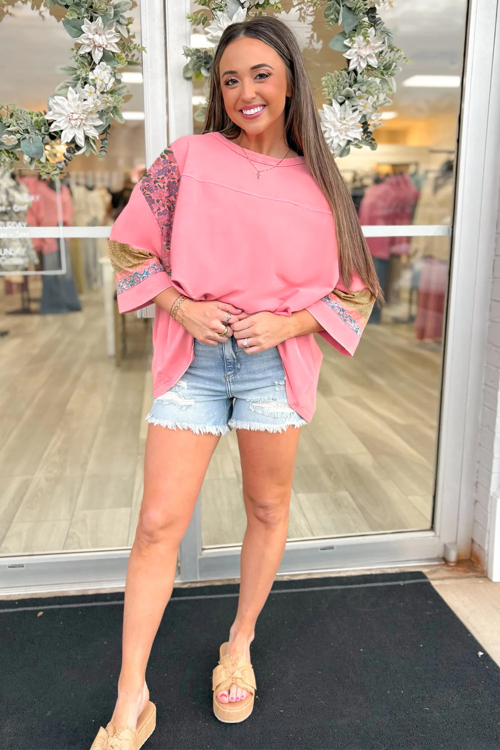 Gossamer Pink Floral Color Block Patchwork Long Sleeve Top