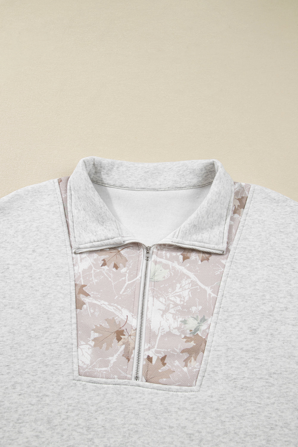 Gray Camo Leaves Patchwork Zipped Collar Pullover Plus Size Sweatshirt
