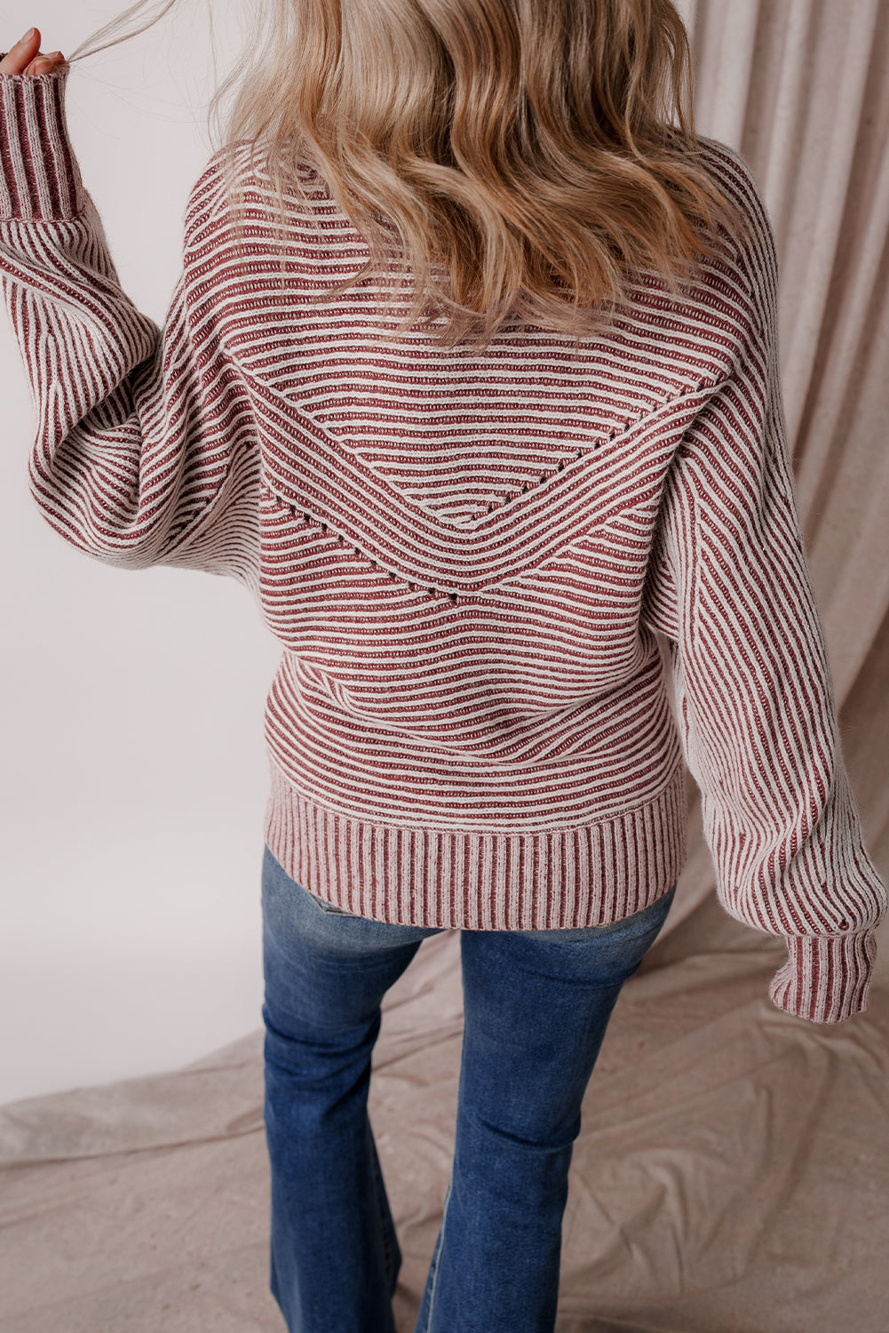 Black Striped Print Ribbed Knit Boat Neck Baggy Sweater