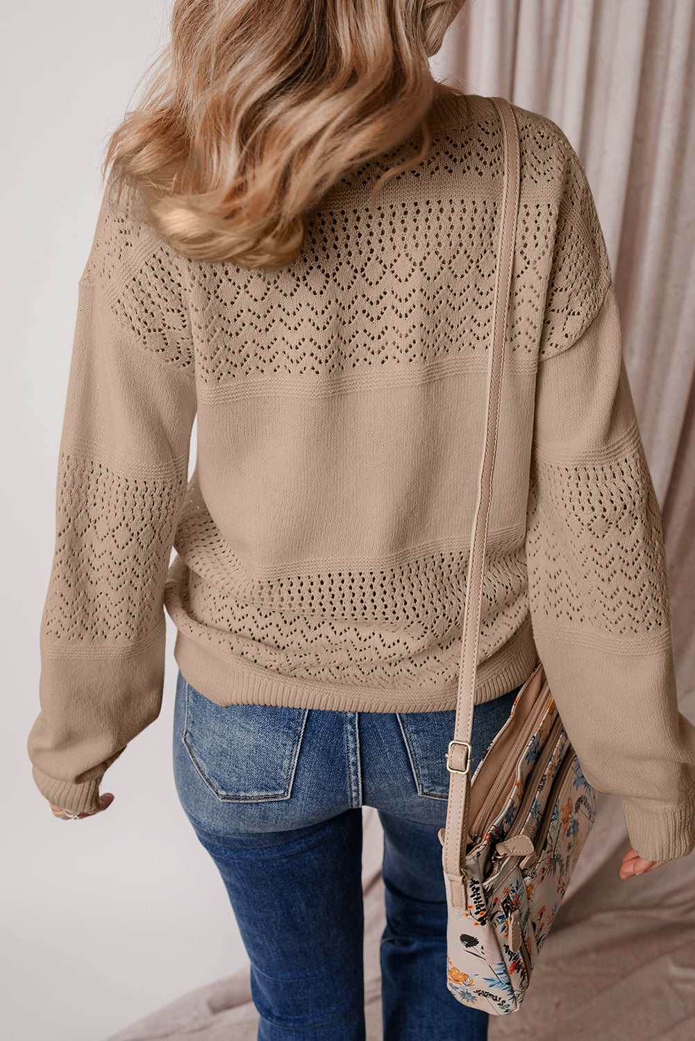 Brown Eyelet Pattern Detail V Neck Drop Shoulder Sweater