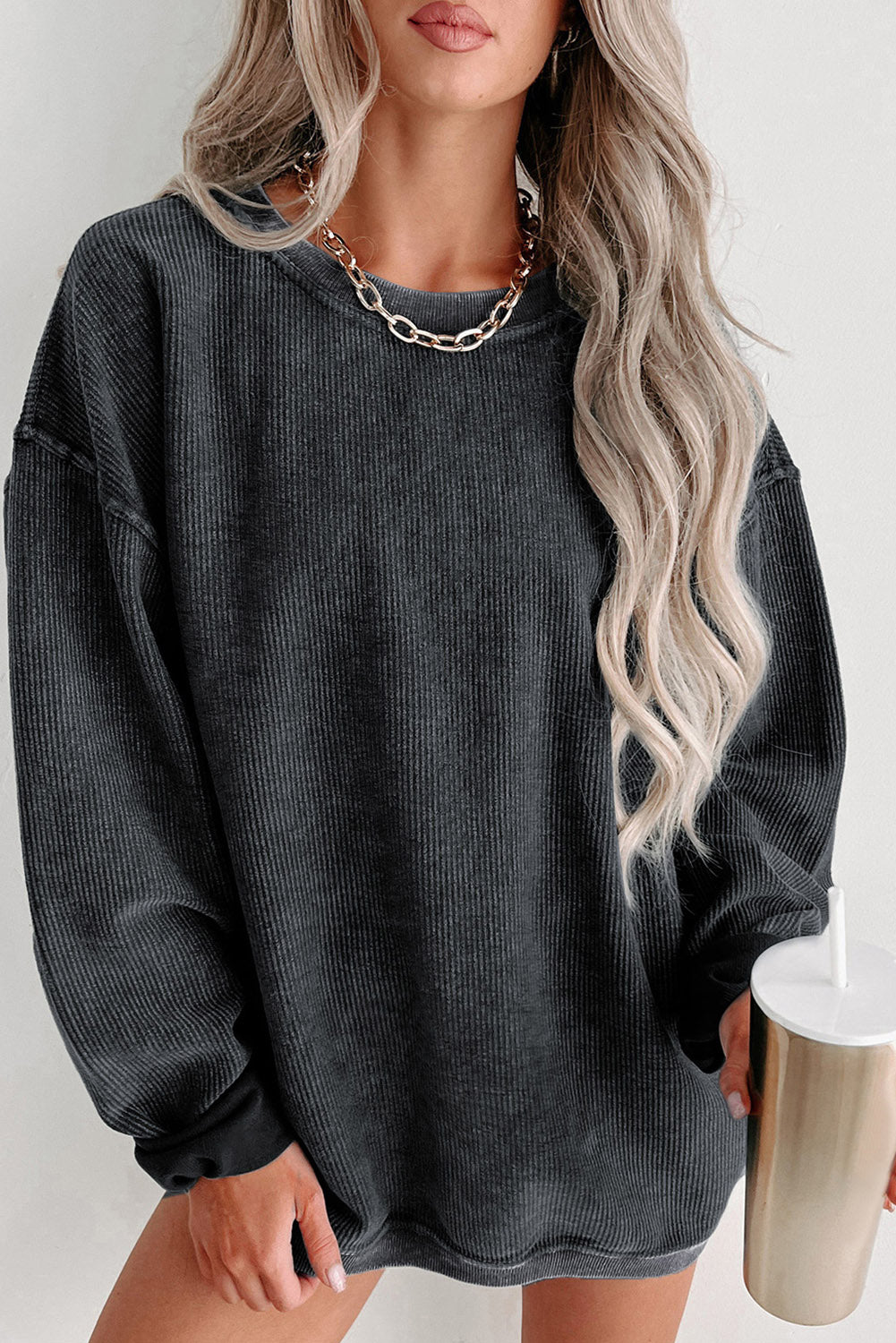 Green Solid Ribbed Knit Round Neck Pullover Sweatshirt