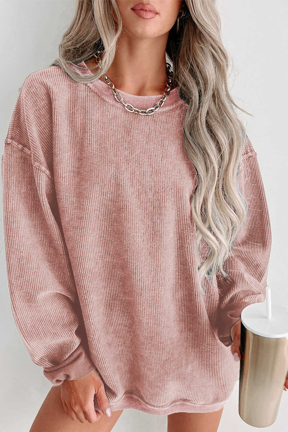 Green Solid Ribbed Knit Round Neck Pullover Sweatshirt