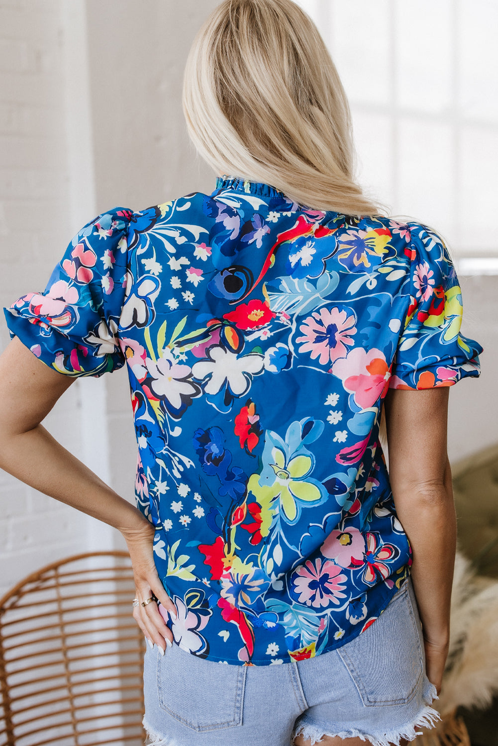 Blue Flower Print Collared V Neck Puff Short Sleeve Loose Blouse