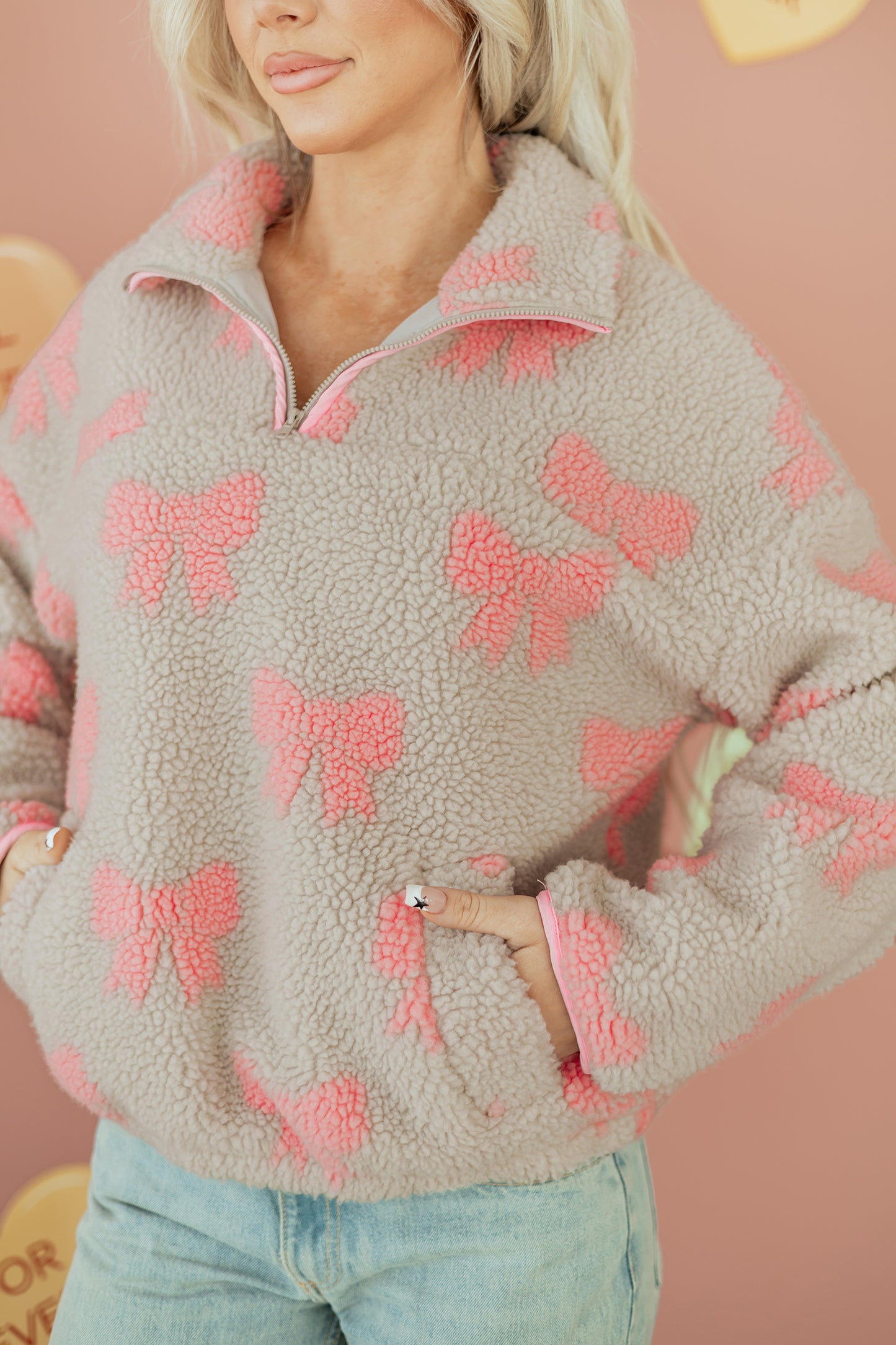 Gray Bow Sherpa Quarter Zip Drop Shoulder Baggy Sweatshirt