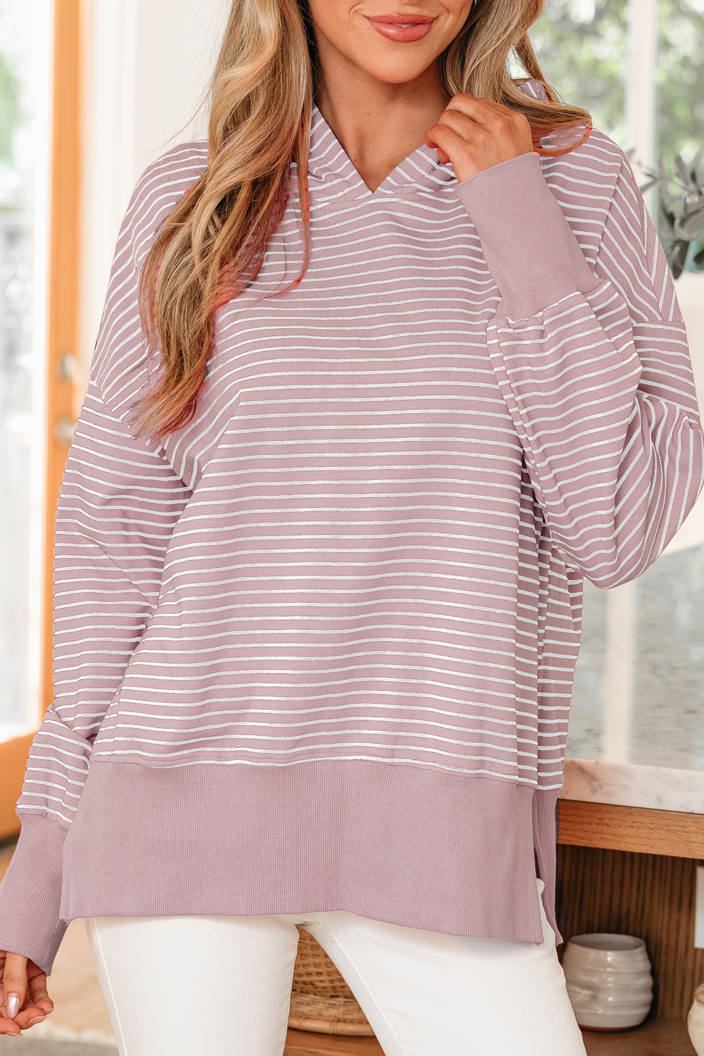 Rose Stripe Thumbhole Side Slits Drop Shoulder Loose Fit Hoodie