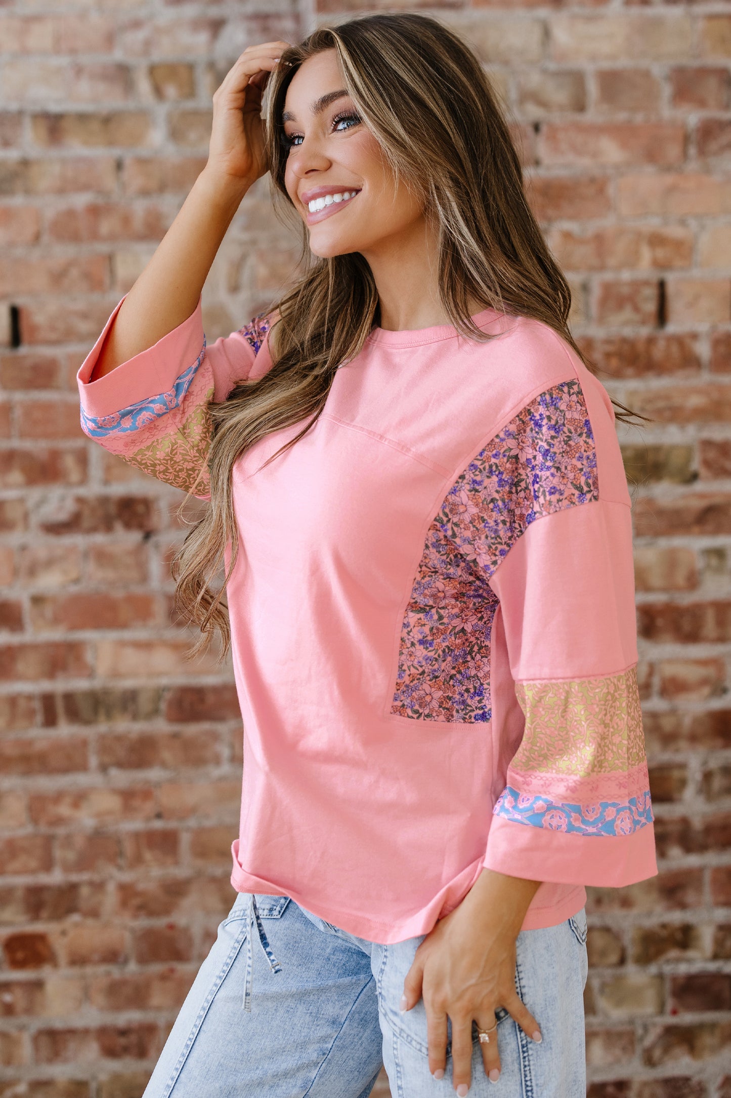 Gossamer Pink Floral Color Block Patchwork Long Sleeve Top