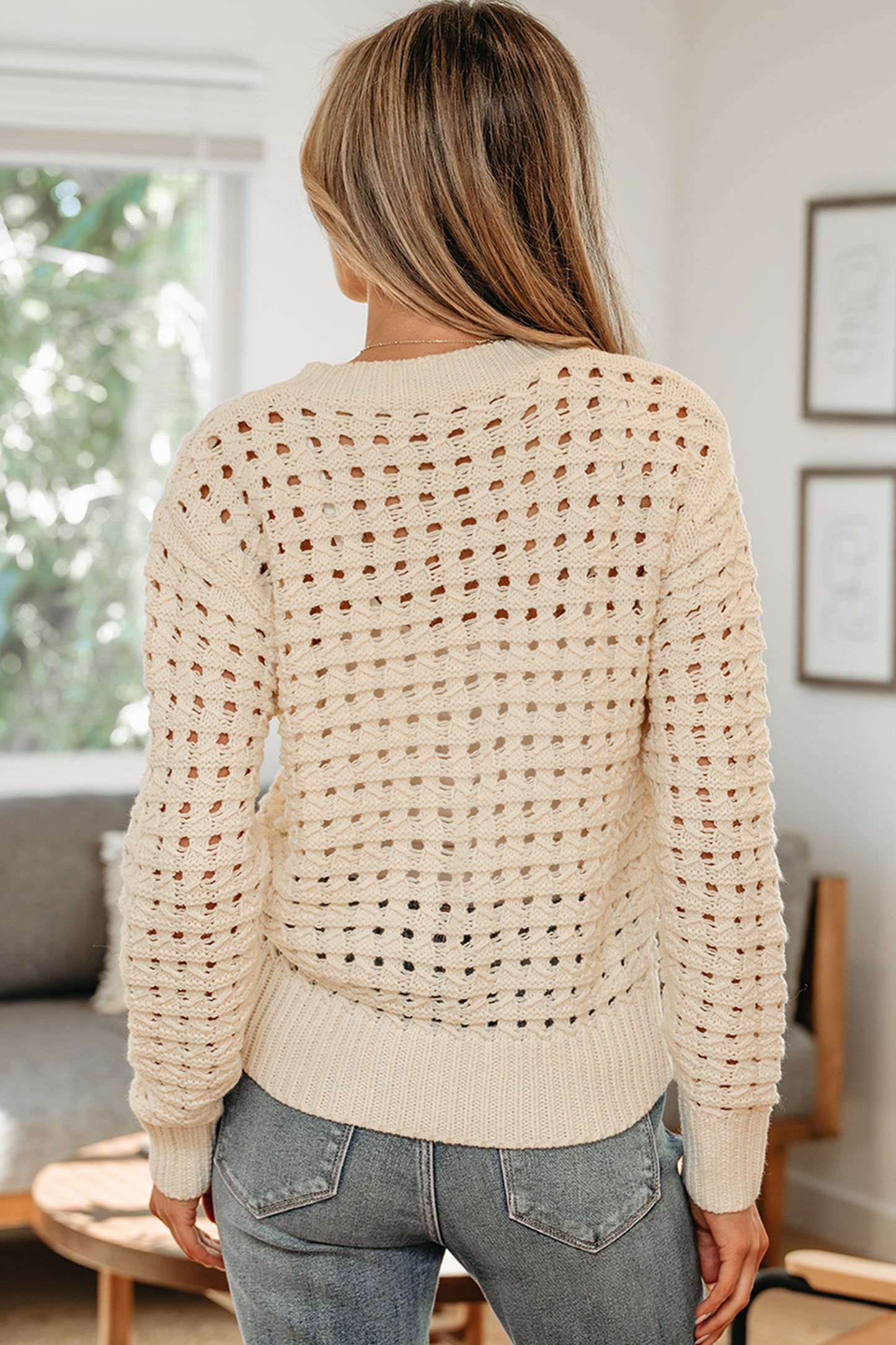 Beige Hollowed Pattern Knit Zip Up Drop Shoulder Sweater Cardigan