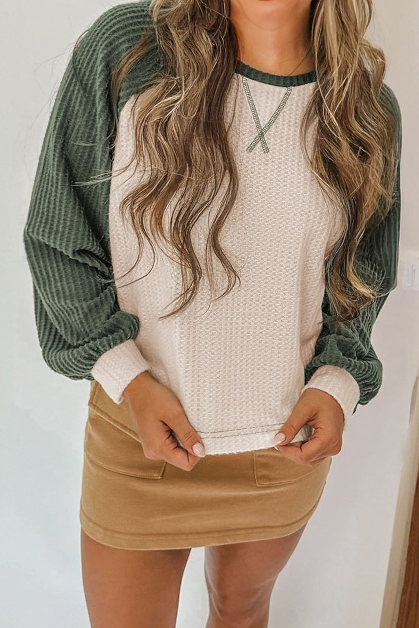 Mist Green Waffle Color Block Raglan Sleeve Top
