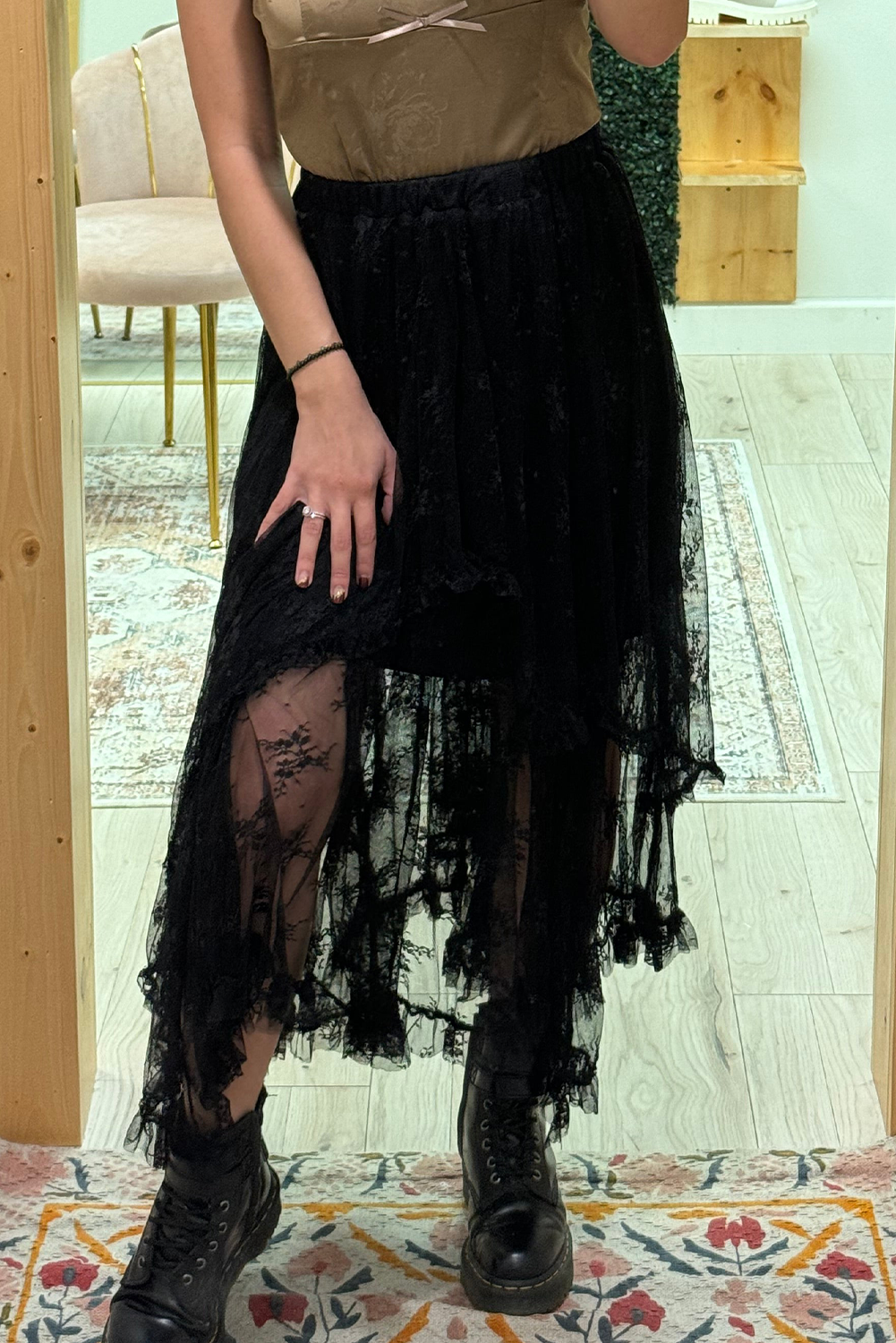 Black Lace Cascading Tiered High Waist Maxi Skirt