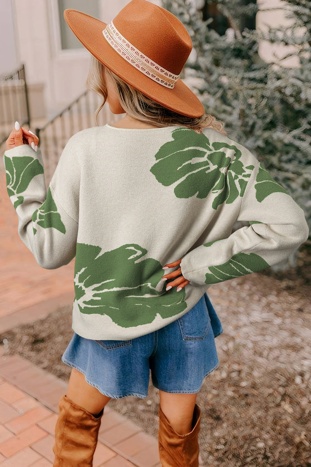 Beige Bold Flower Pattern Wide Sleeve Baggy Sweater