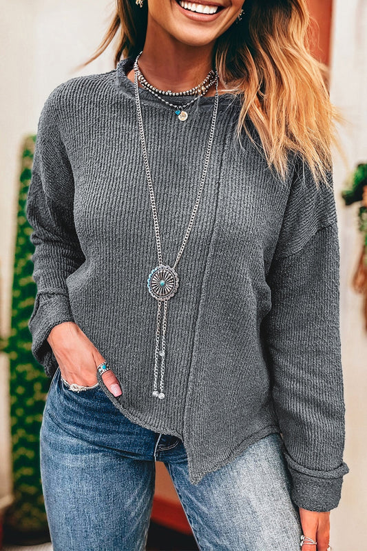 Medium Grey Raw Edge Uneven Hem Patchwork Drop Shoulder Sweater