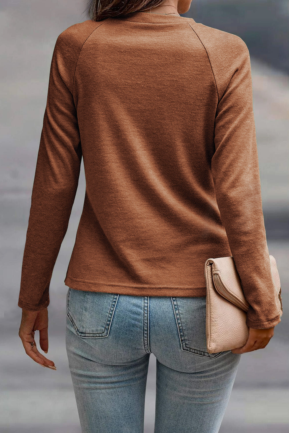 Cinnamon Solid Color Seam Detail Raglan Long Sleeve Top
