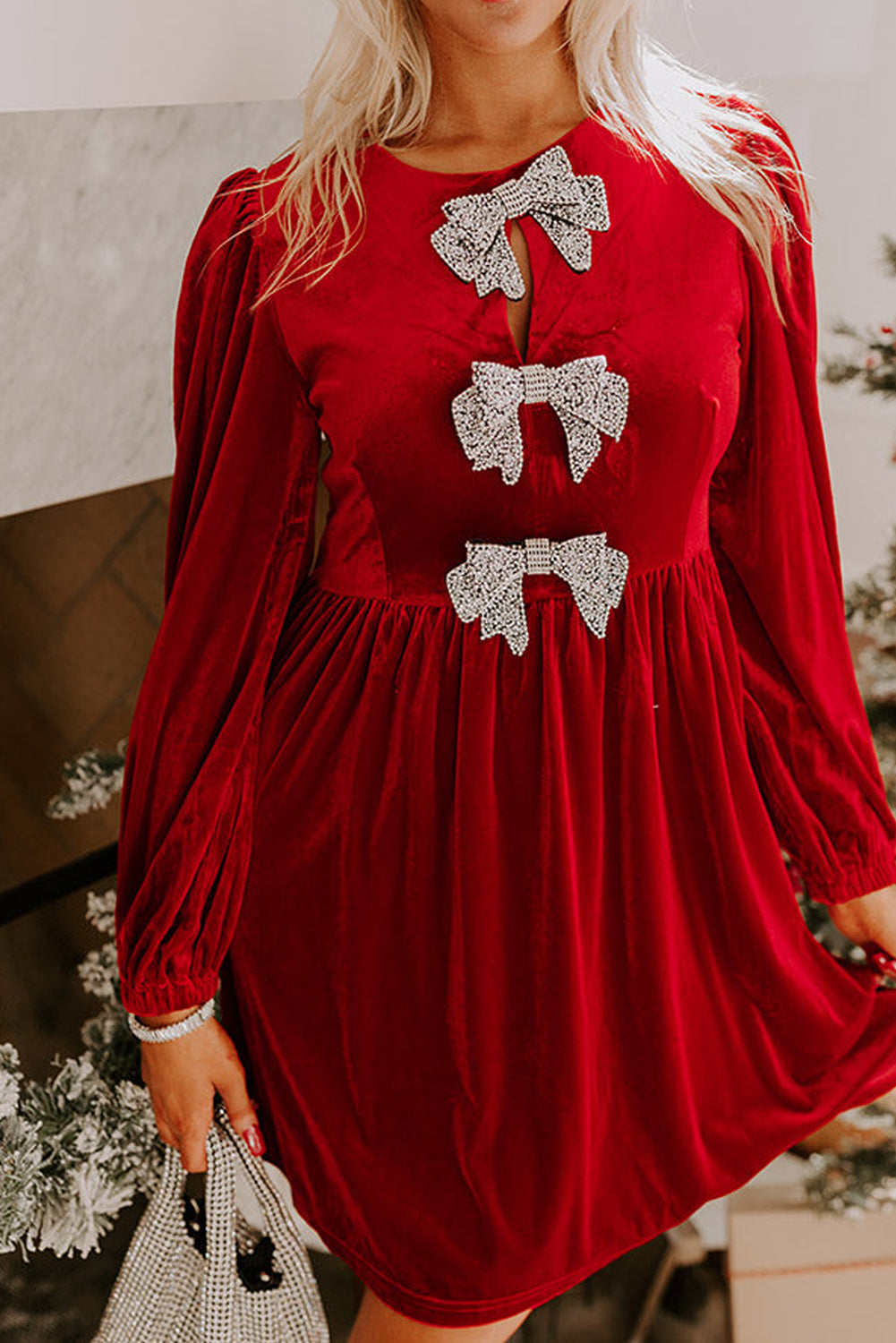 Evergreen Bowknot Decor High Waist Velvet Mini Dress
