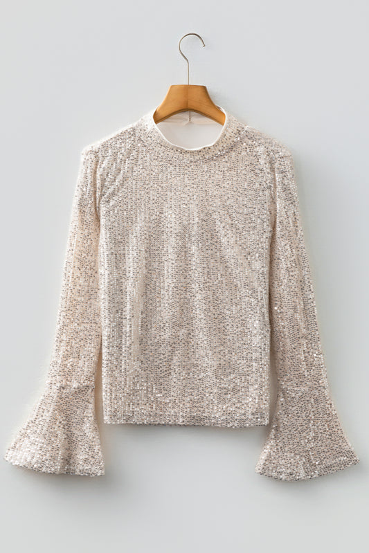 Jet Stream Sequin Mock Neck Drape Open Back Bell Sleeve Top