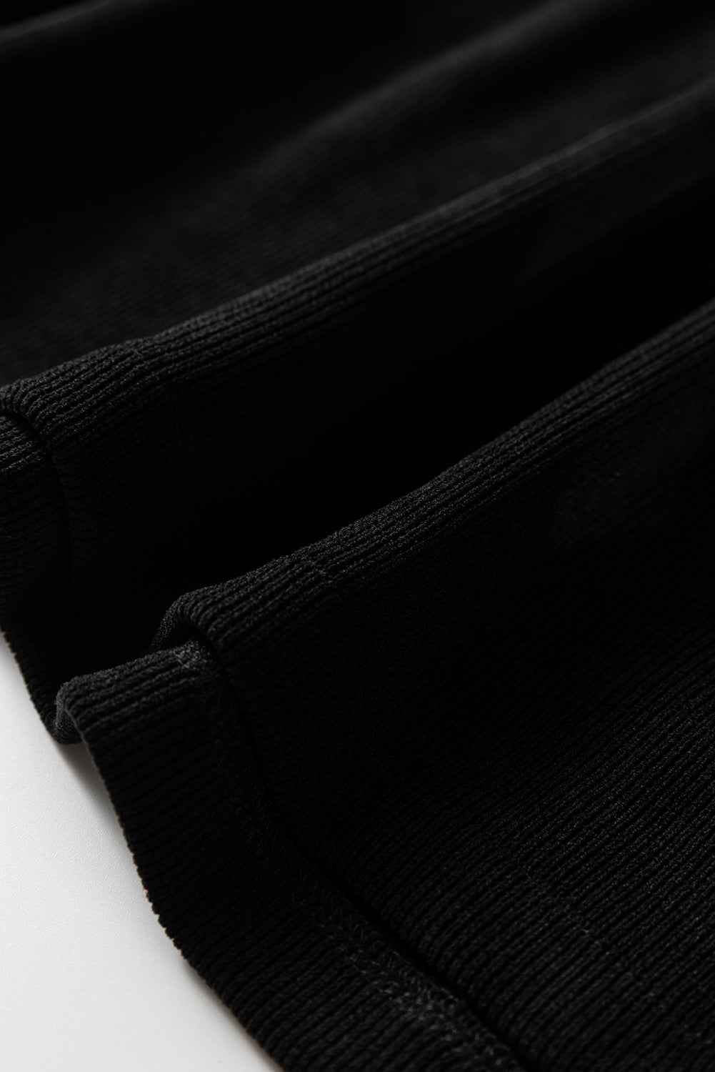 Black Solid Color Textured Knit Drop Shoulder Pullover Drawstring Shorts Set