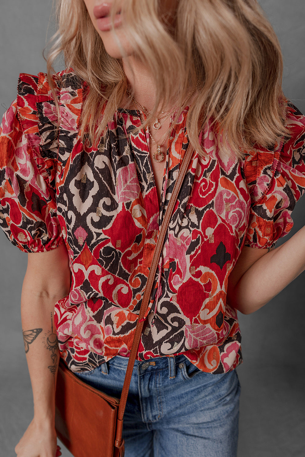 Red Ethnic Print Split Neck Short Puff Sleeve Blouse