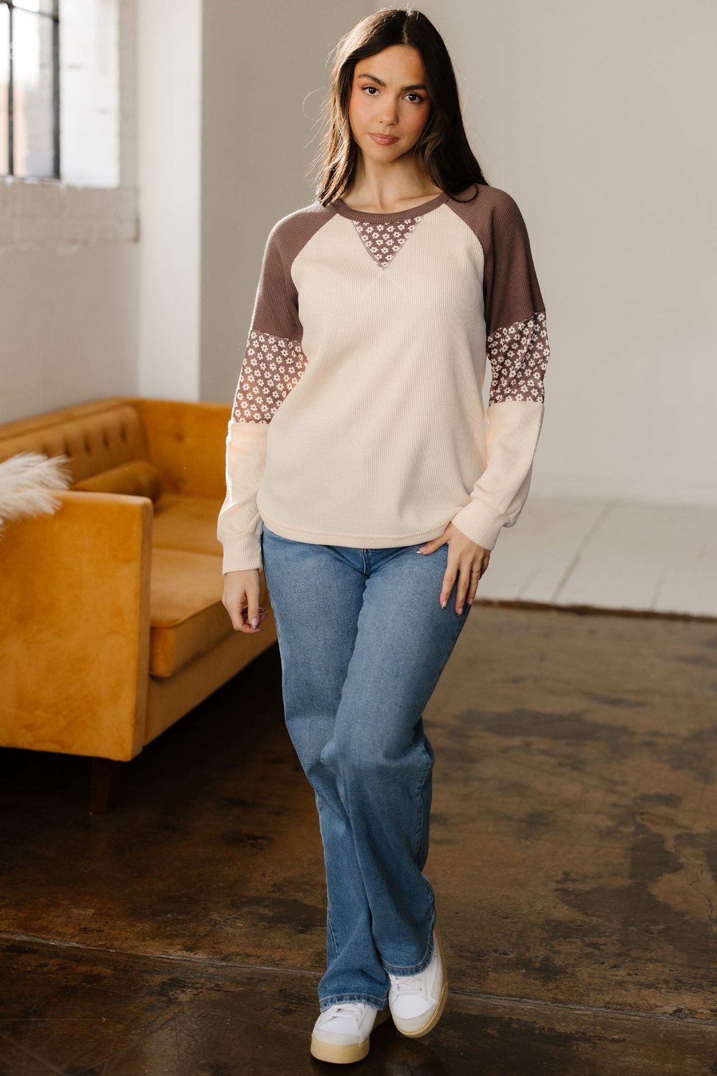 Brown Floral Print Patchwork Color Block Long Sleeve Top