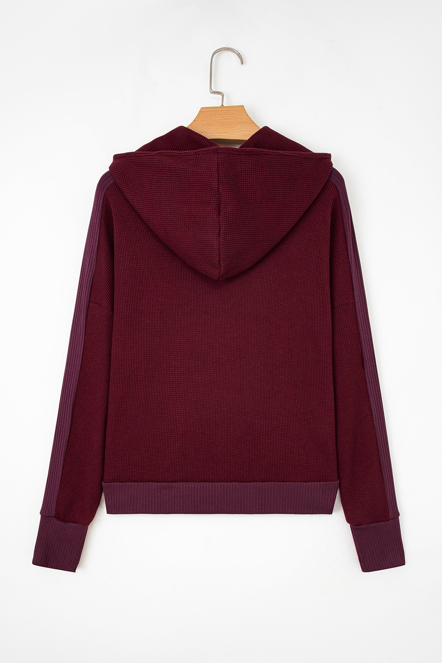 Burgundy Waffle Splicing Zip Up Front Button Hooded Jacket