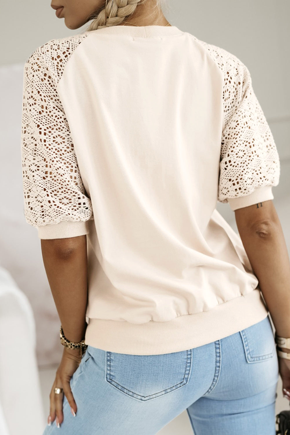 White Lace Crochet Short Sleeve Round Neck T Shirt