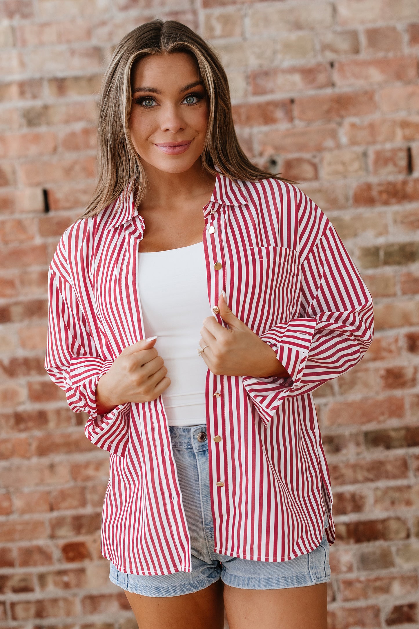 Red Stripe Patched Pocket Side Slit Loose Shirt